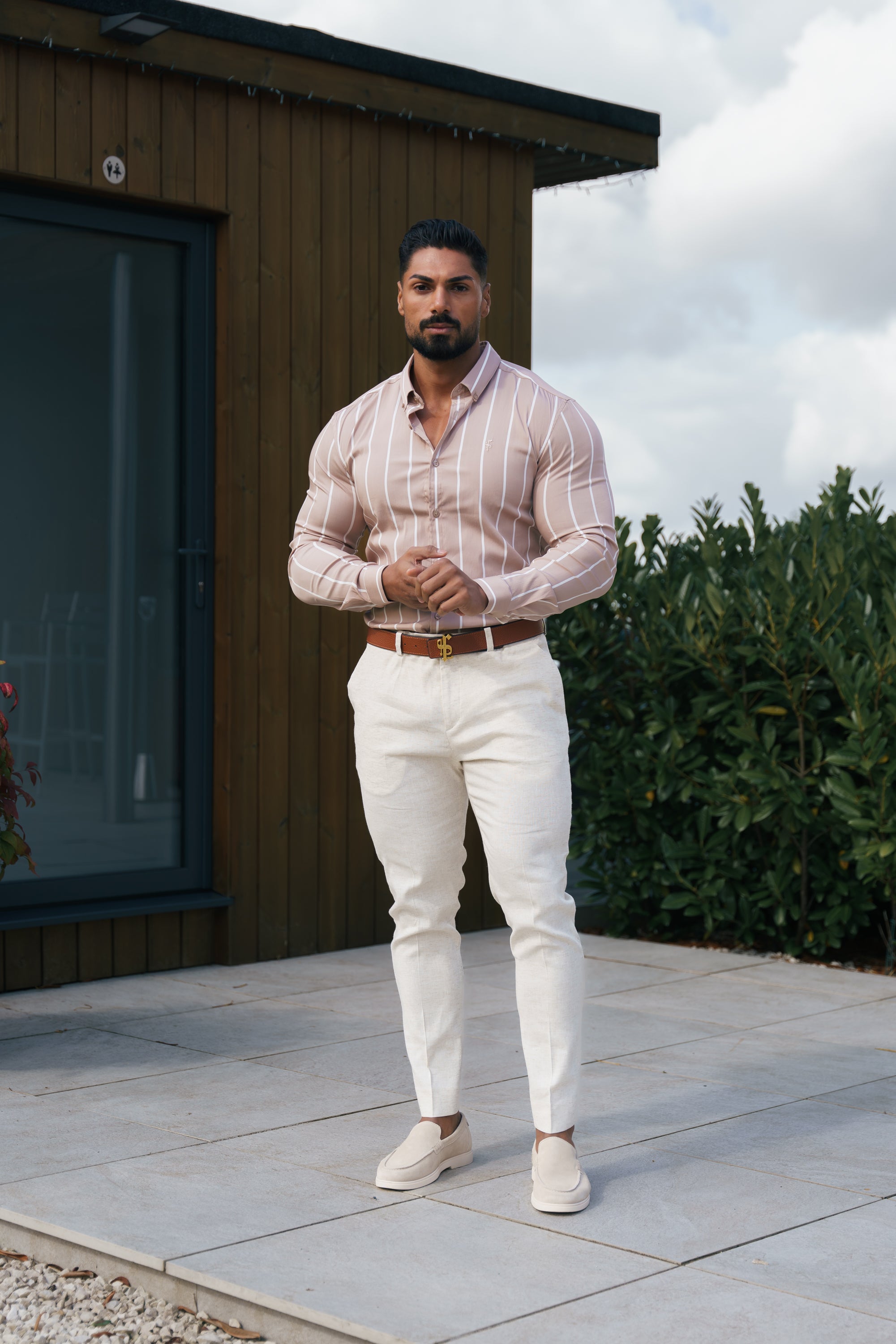 Super Slim Stretch Taupe Printed Wide Stripe Long Sleeve with Button Down Collar - FS1065