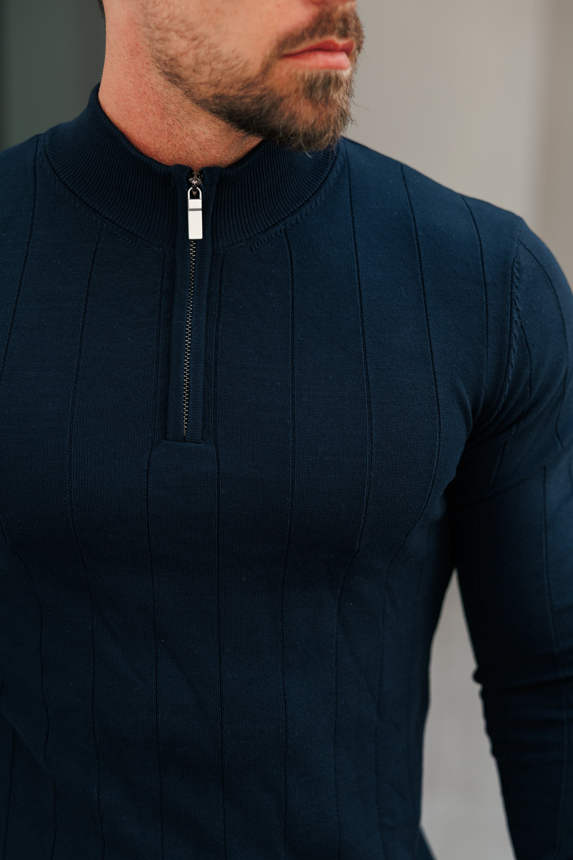 Self Stripe 1/4 Zip Funnel Neck Knit Jumper Navy Long Sleeve - FSR049
