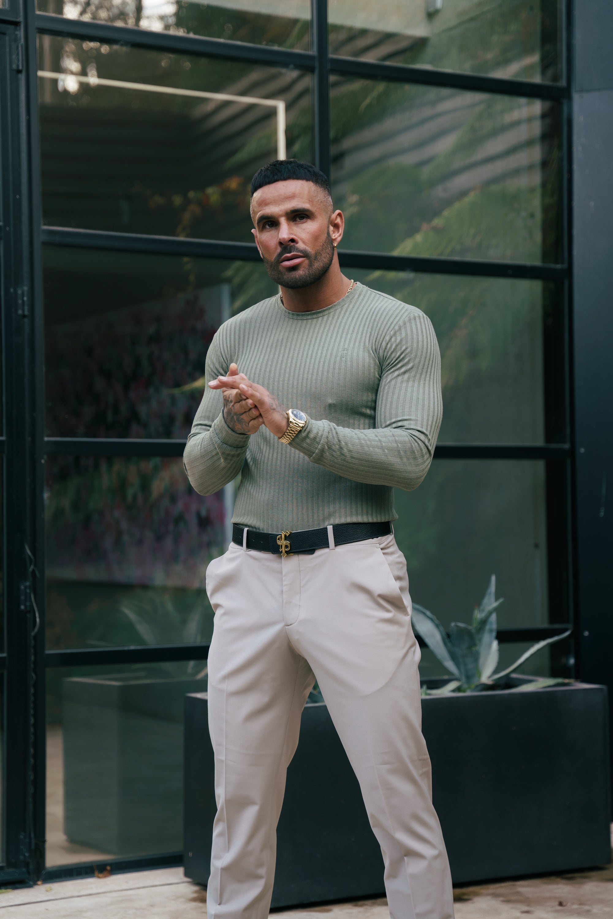 Classic Olive Ribbed Knit Jumper With Tonal Embroidery - FSH1285