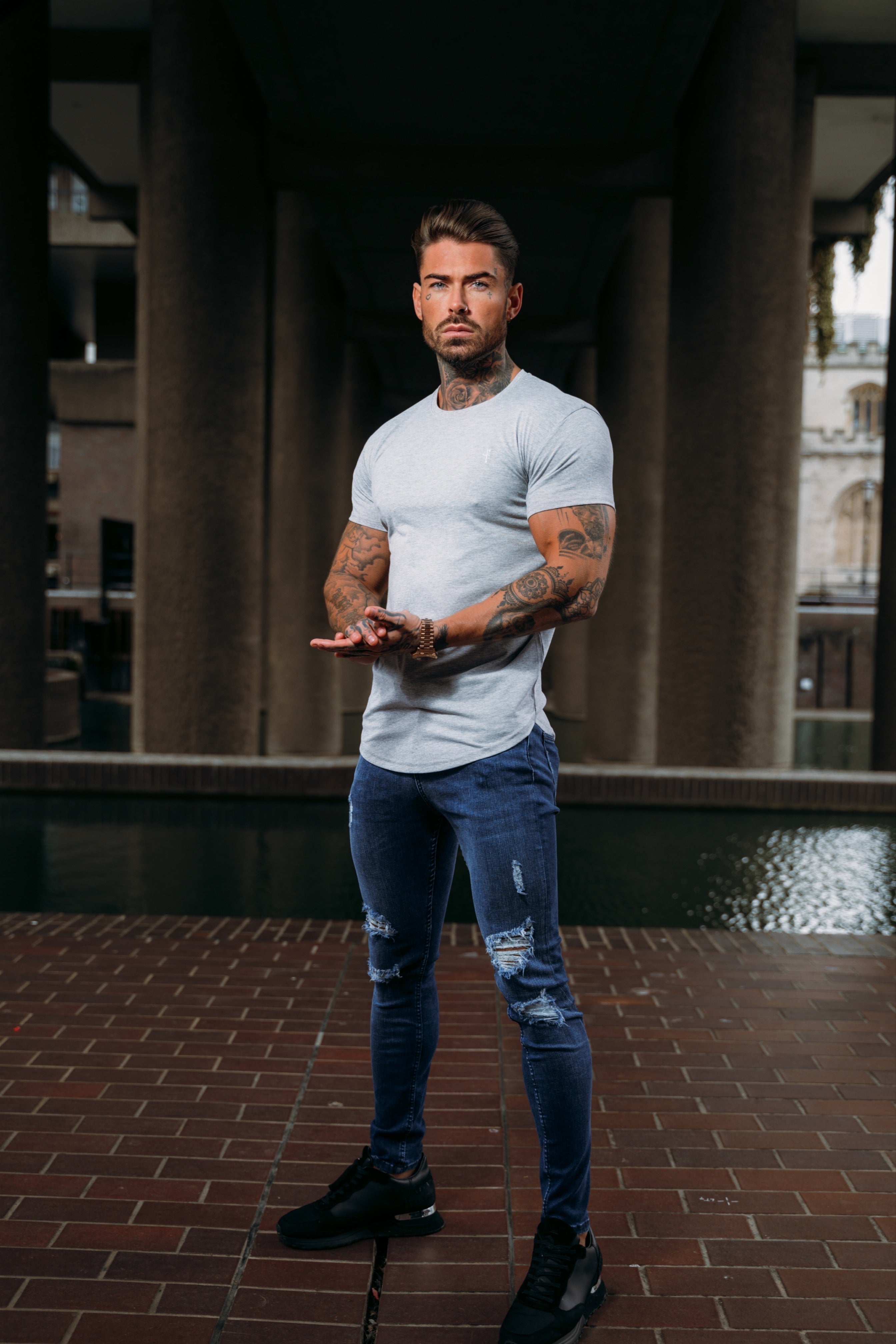 Classic Grey Tonal Curved Hem Crew T Shirt - FSH927