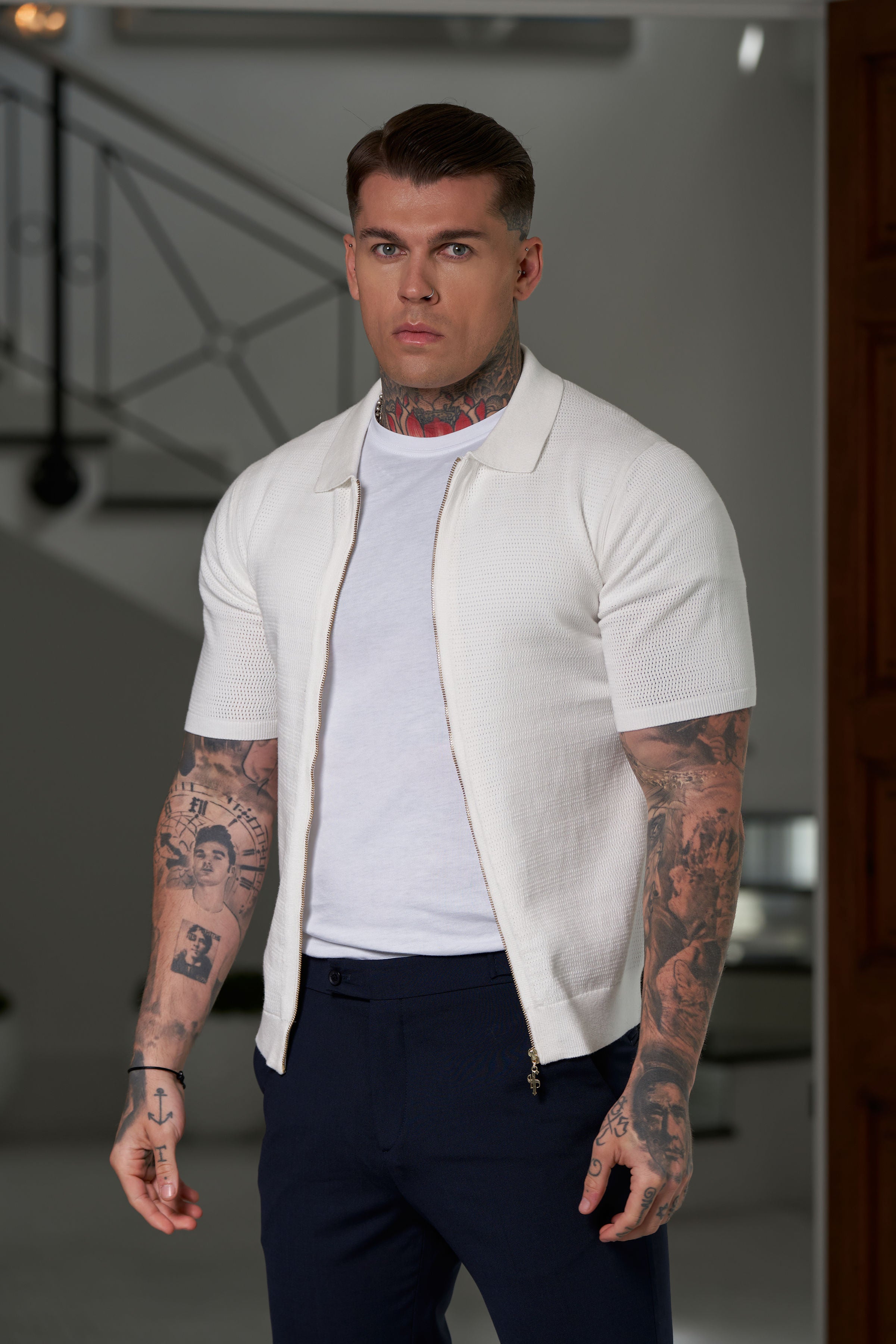 Classic Knitted Textured Design With Full Length Zip Off White Short Sleeve - FSN152