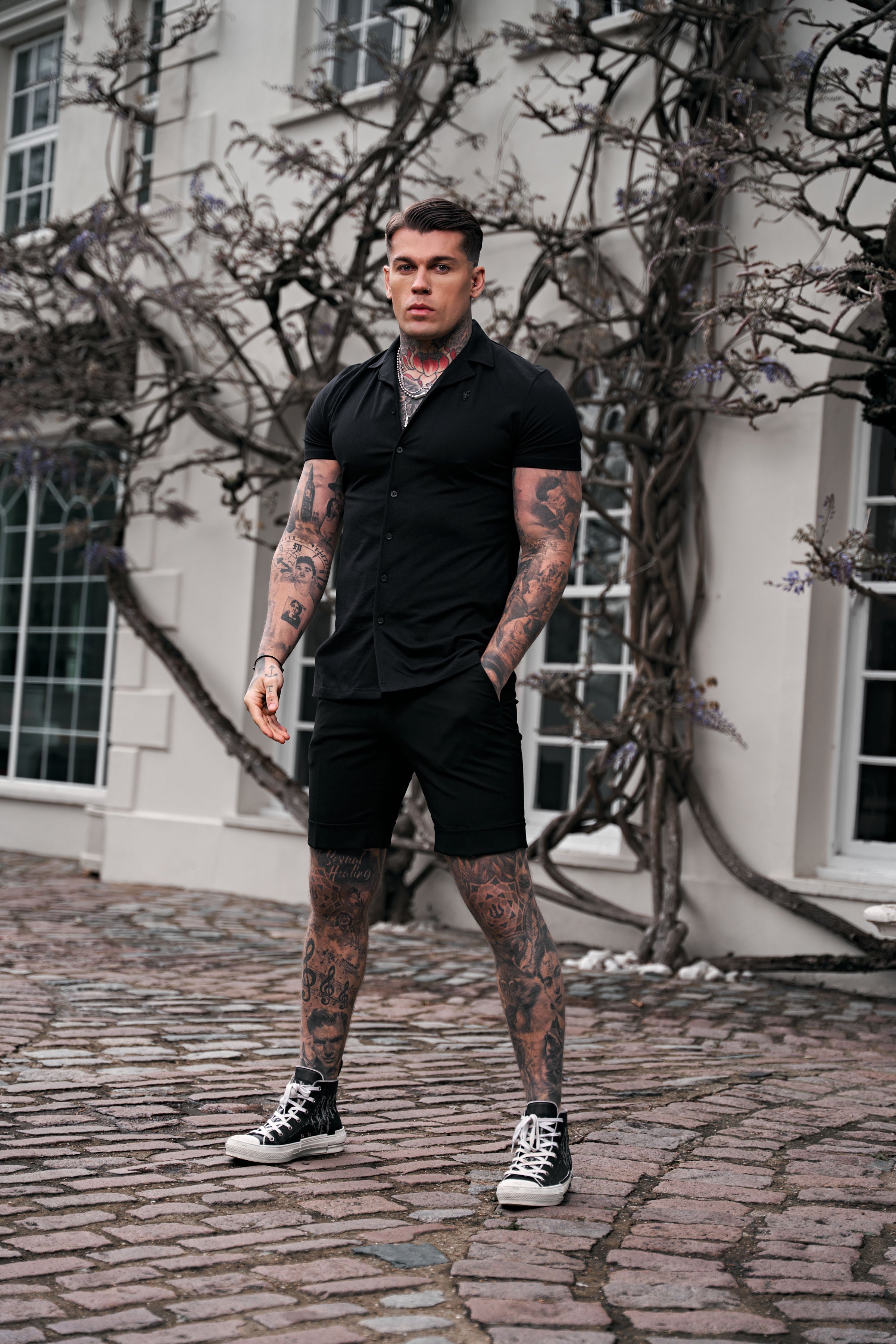 Stretch Black Pique Revere Shirt Short Sleeve - FSH1067