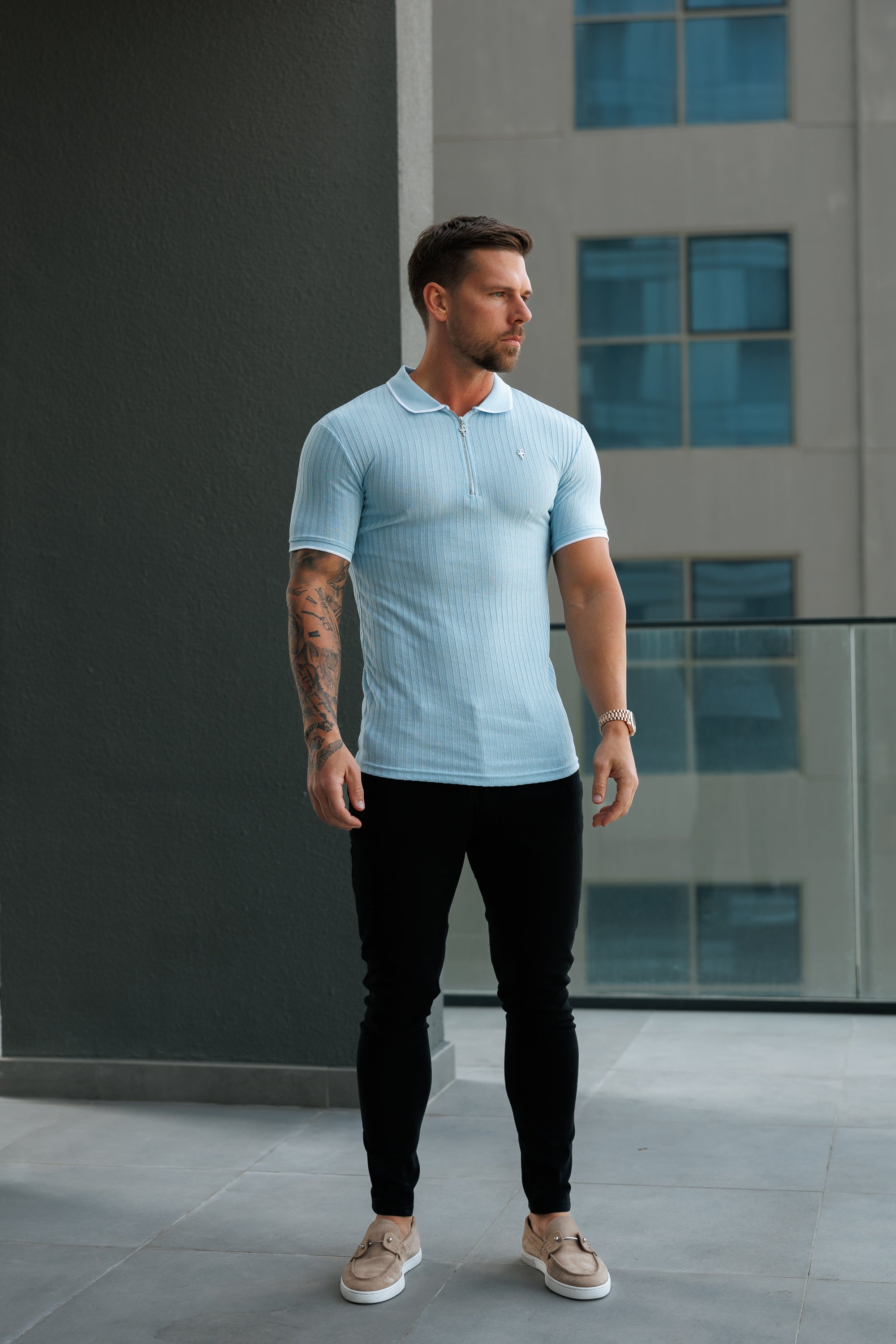 Classic Powder Blue Ribbed Zip Polo with Contrast Short Sleeve - FSH1106