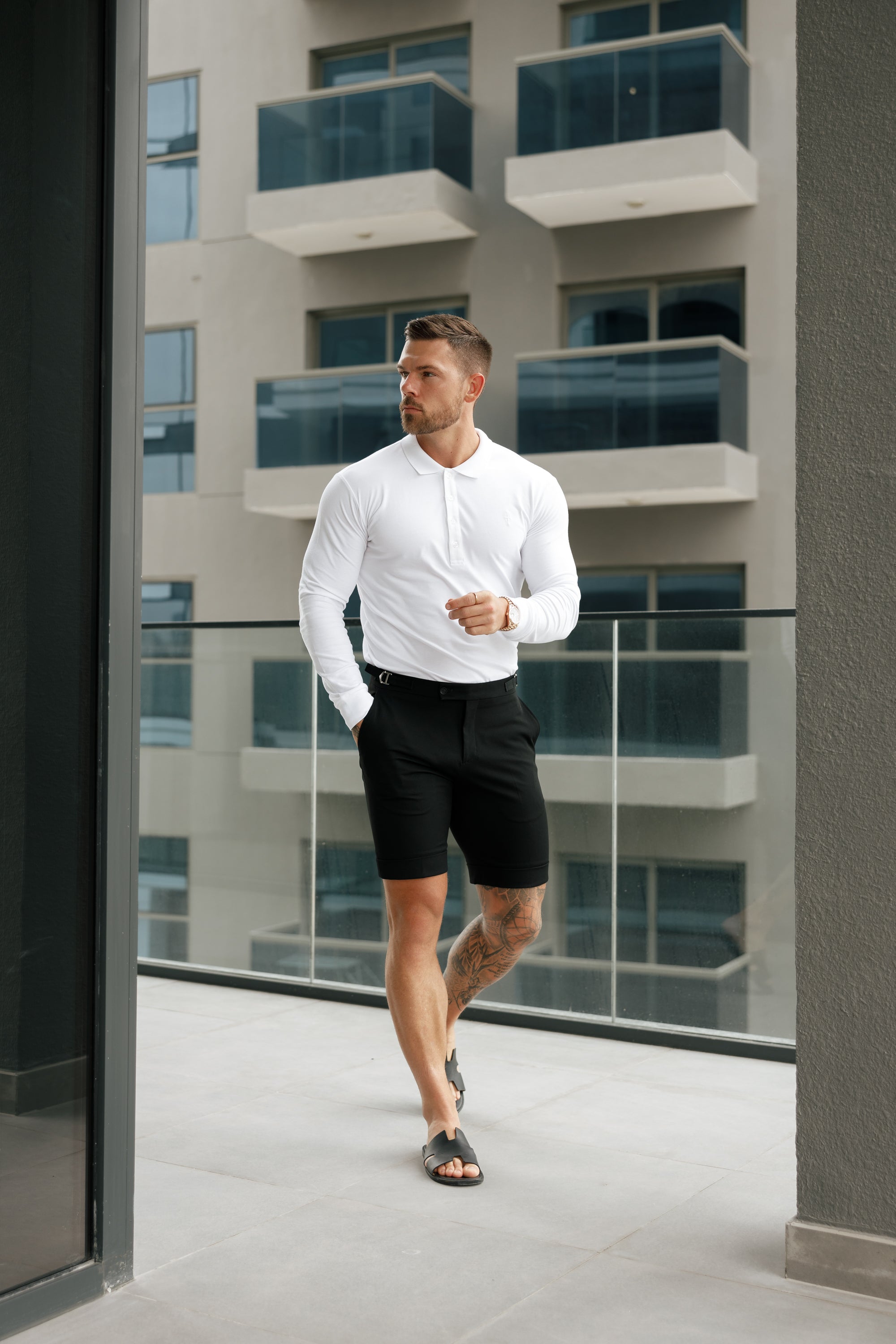 Classic White Tonal Polo Long Sleeve Shirt - FSH858