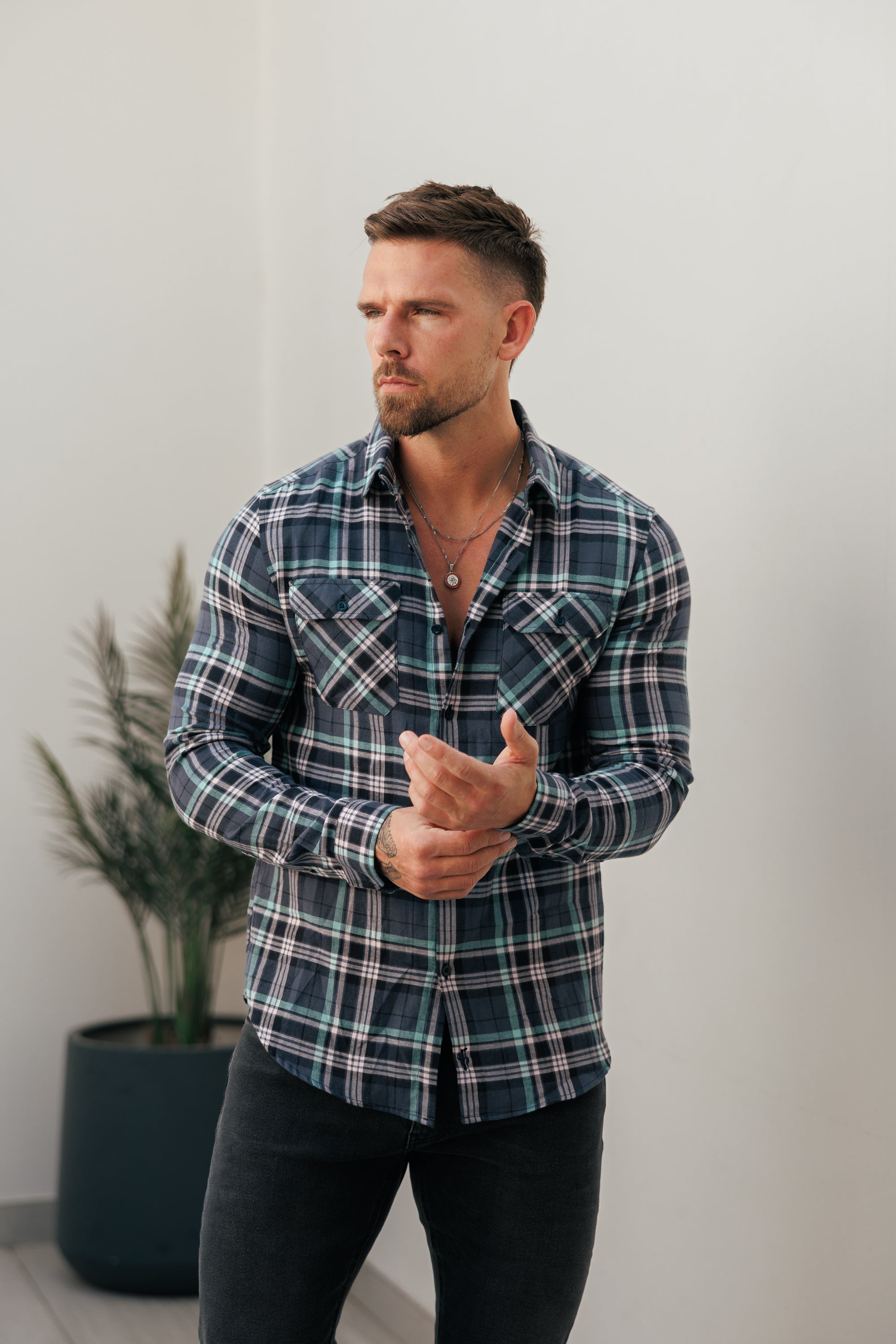 Navy / Green / Pink Check Shacket With Double Pockets - FS1195