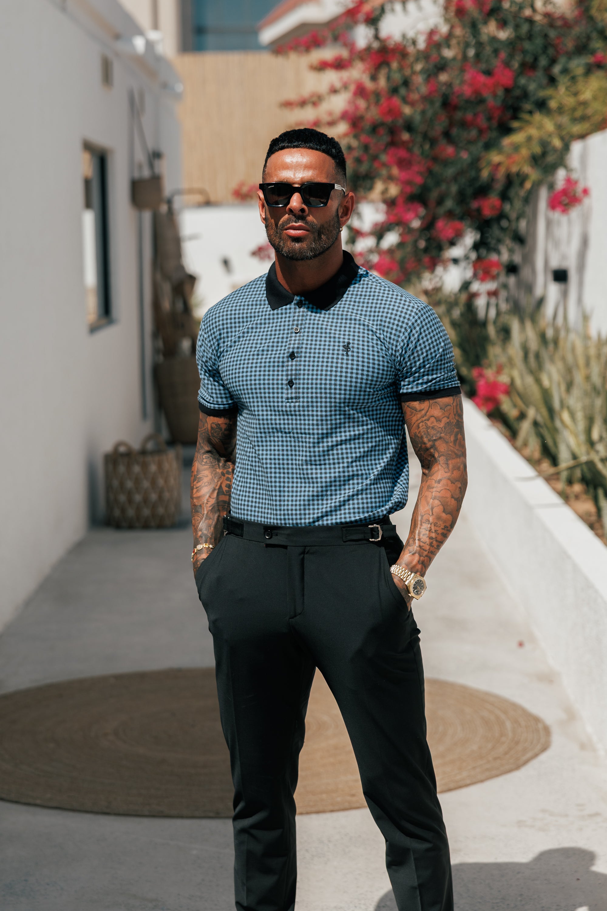 Black / Blue Printed Check Polo Shirt - FSH1262