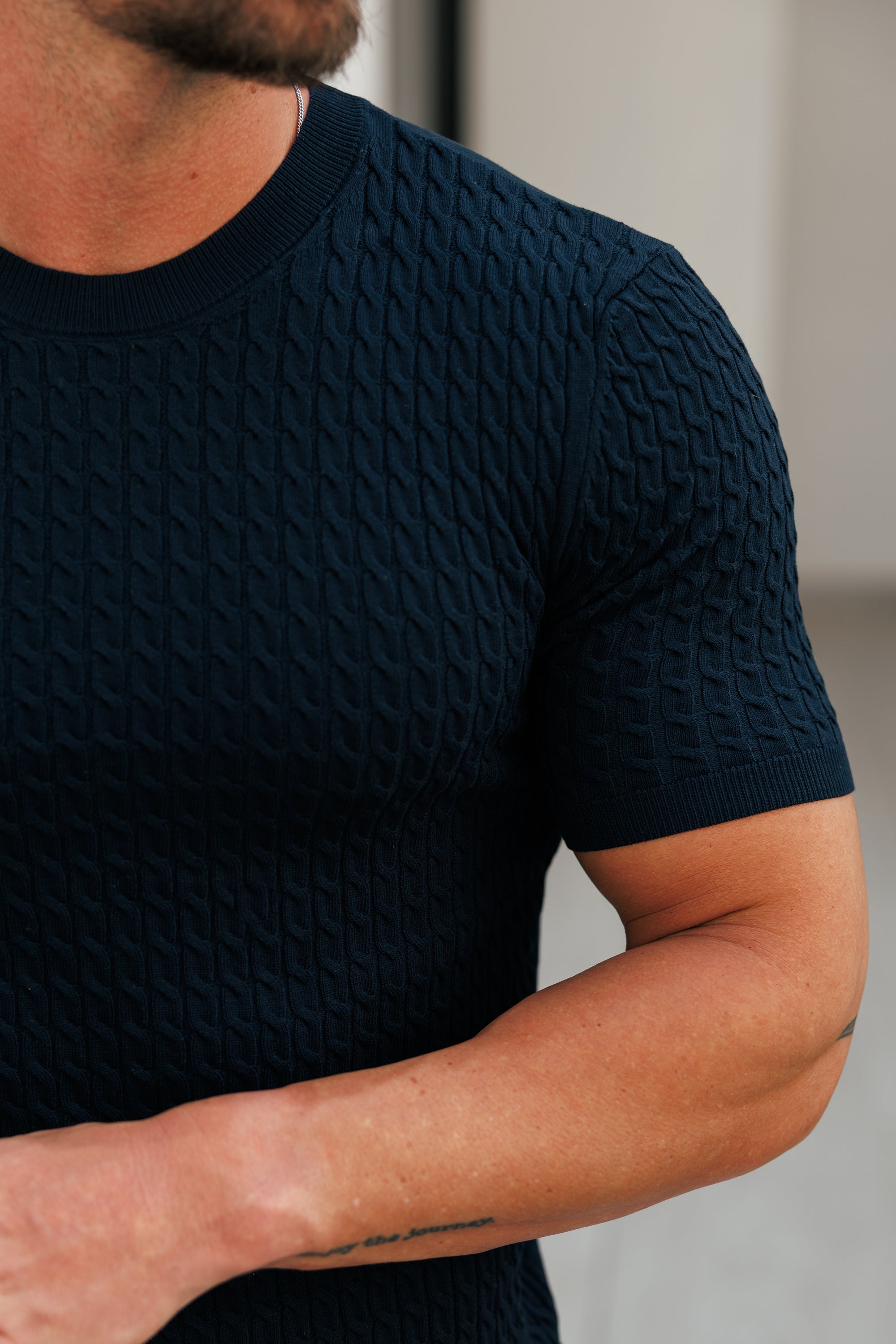 Front Chain Knit Crew Tshirt Navy Short Sleeve - FSR054