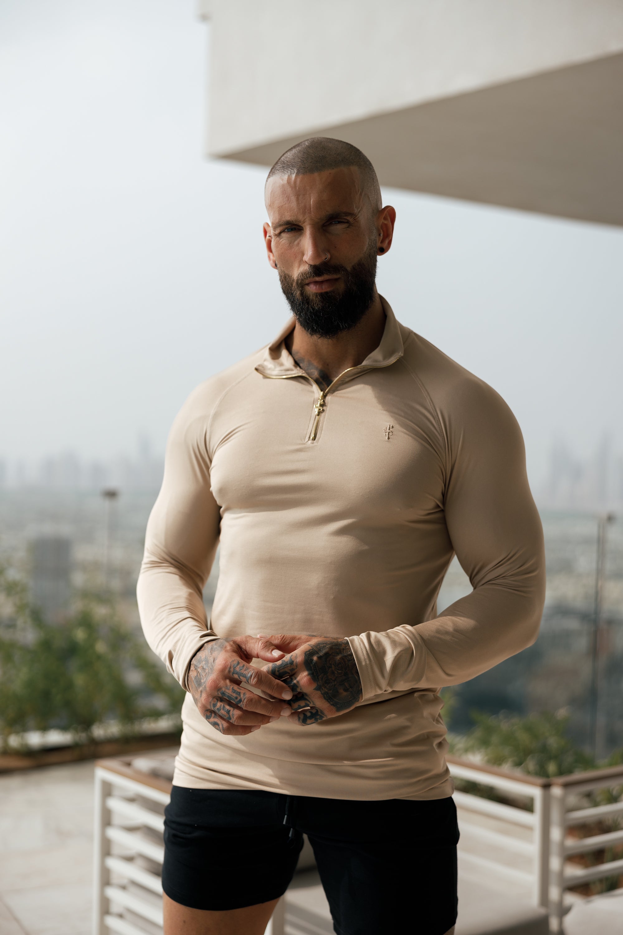 Long Sleeve Beige / Gold Half Zip Gym Top - FSH892