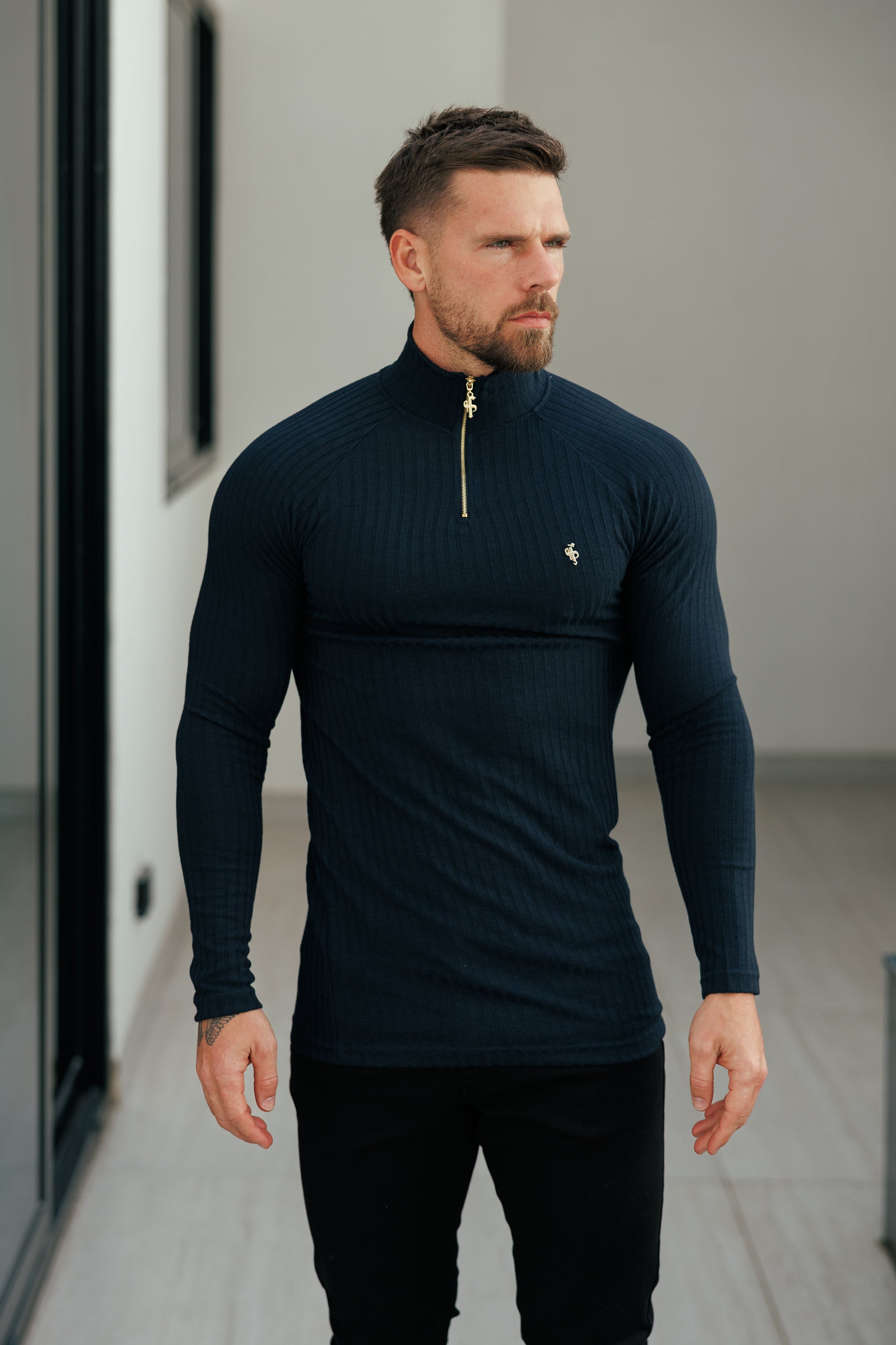 Super Slim Navy Ribbed Zip Funnel Neck Raglan Long Sleeve Crew - FSH1296
