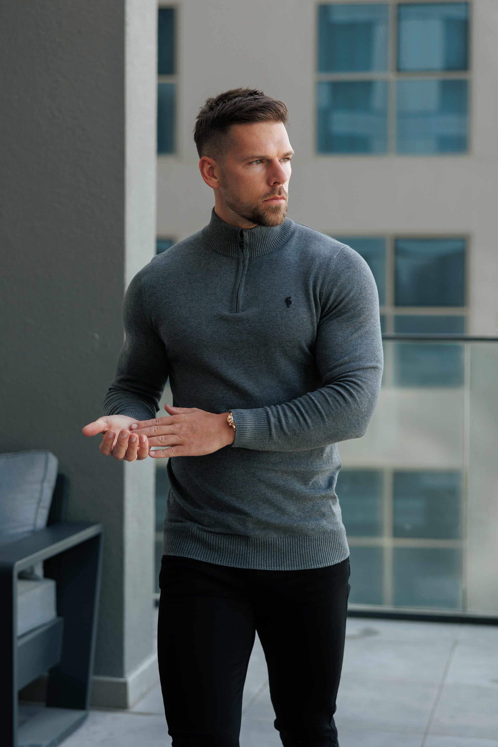 Charcoal Funnel Neck Knitted Jumper With FS Branding - FSN192