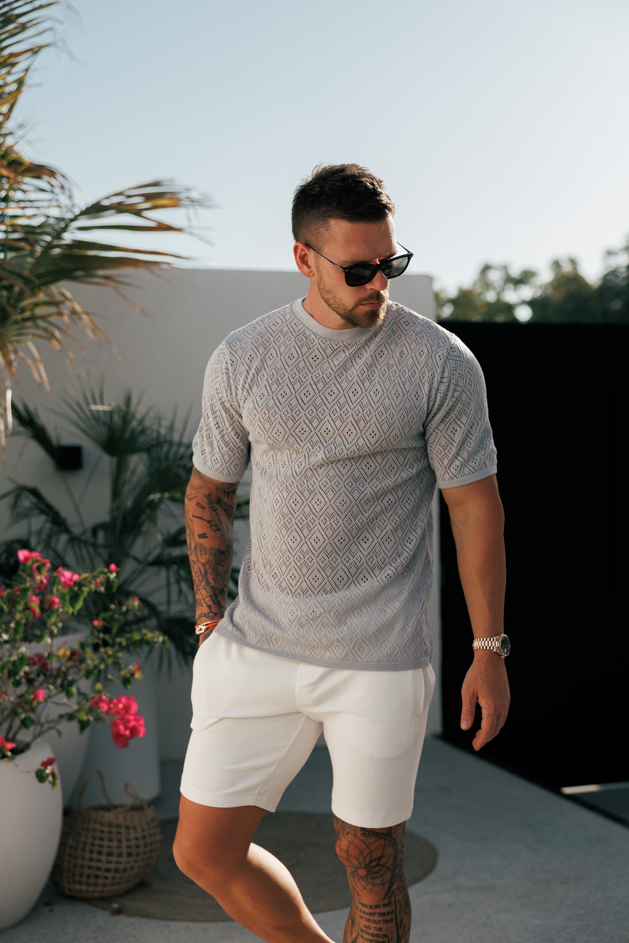 Crochet Crew T-Shirt Cop Grey Short Sleeve - FSJ093