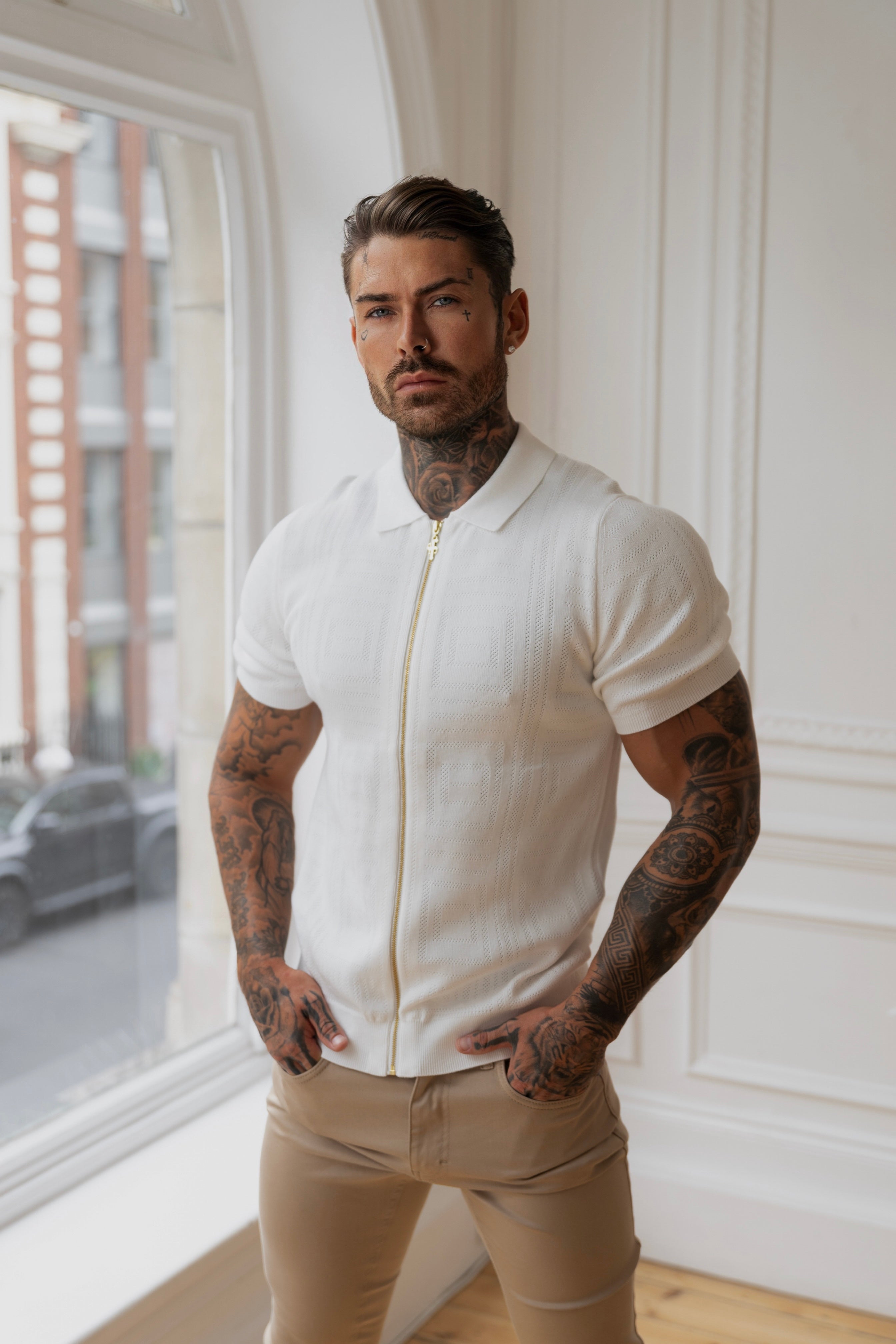 Classic Knitted Geo Design With Full Length Zip Off White Short Sleeve - FSN148