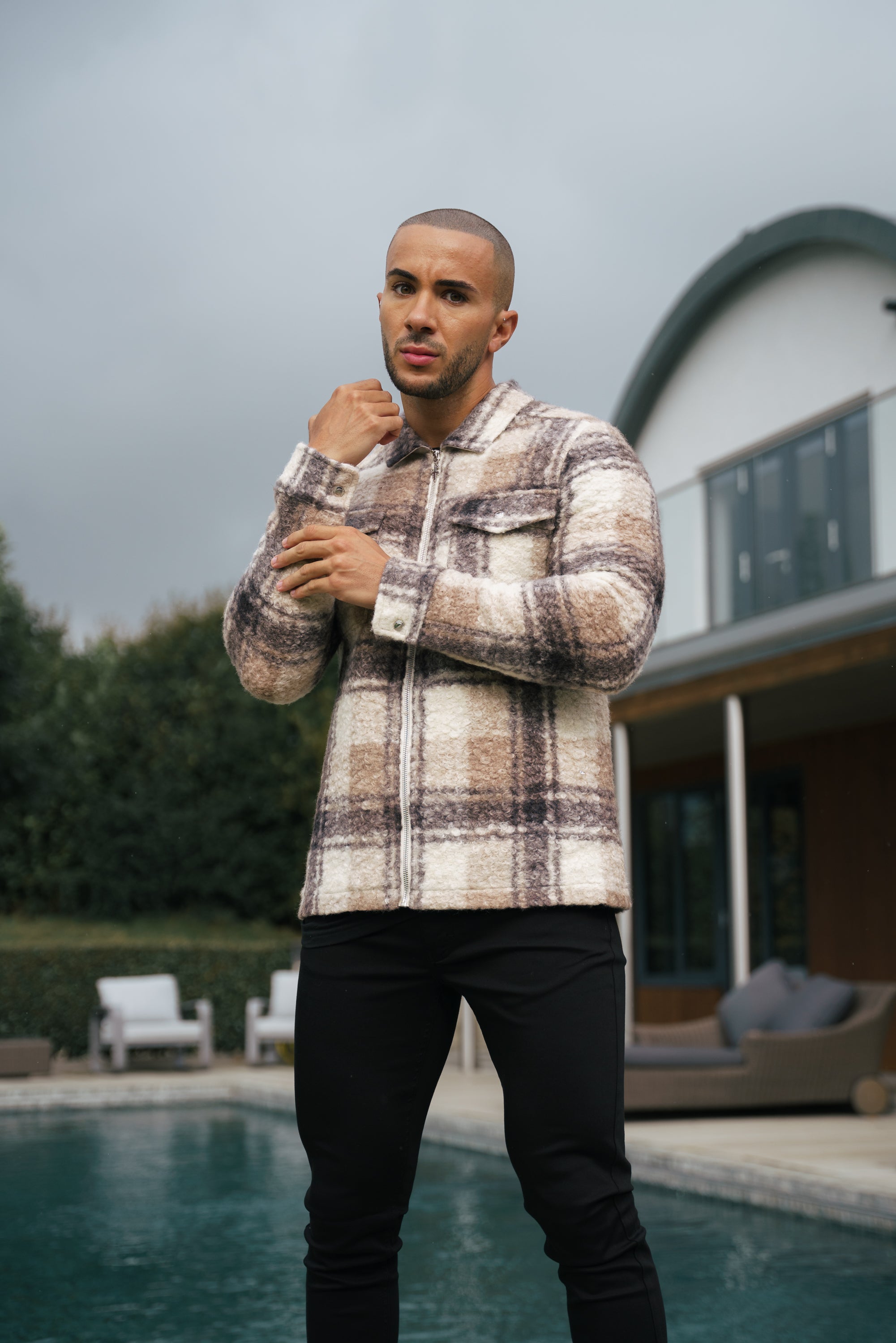 Boucle Zipped Check Jacket Taupe - FSN155