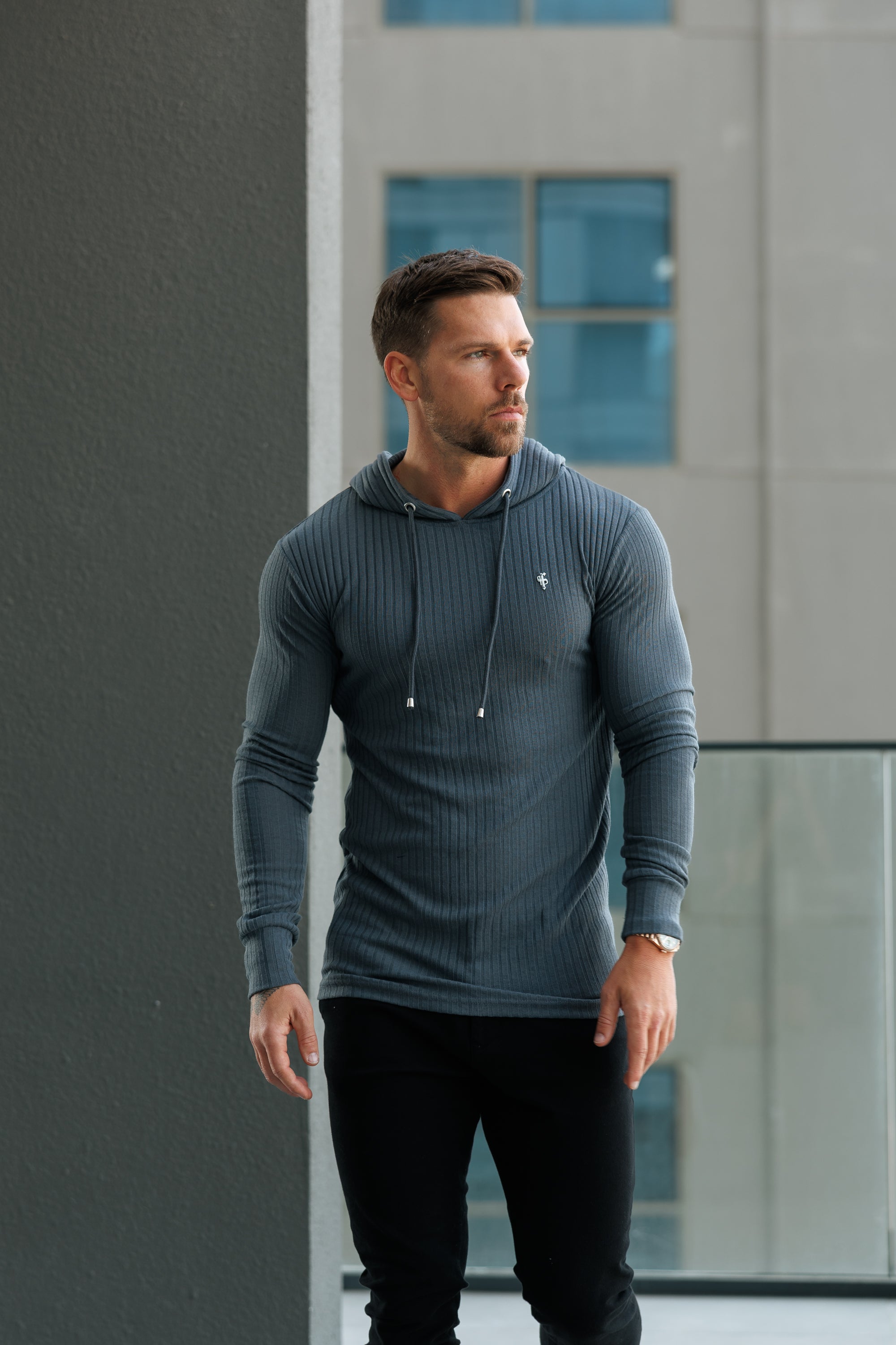 Classic Charcoal Ribbed Knit Hoodie Jumper With Silver Emblem - FSH1309
