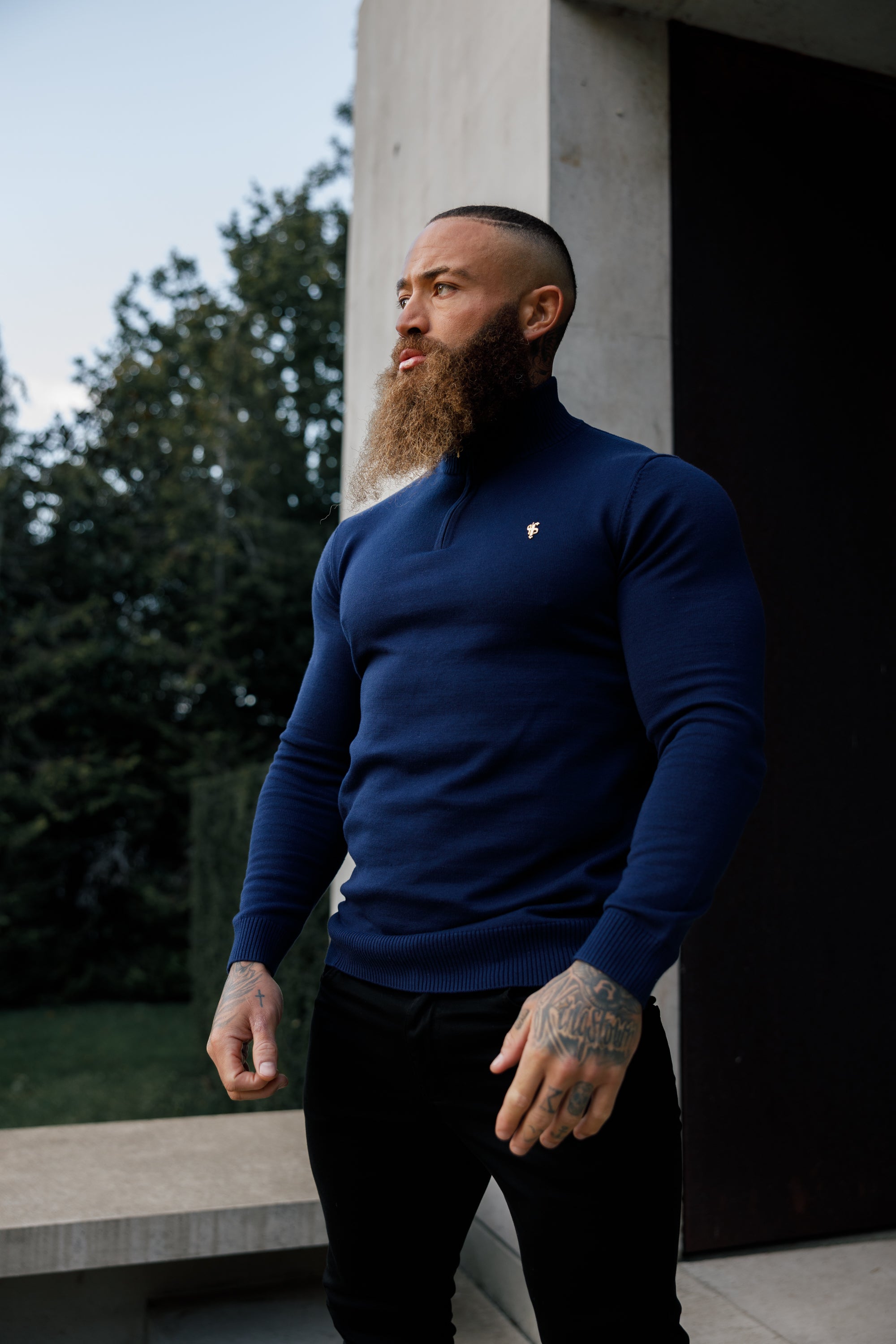 Navy Funnel Neck 1/2 Zip Knitted Jumper - FSN122
