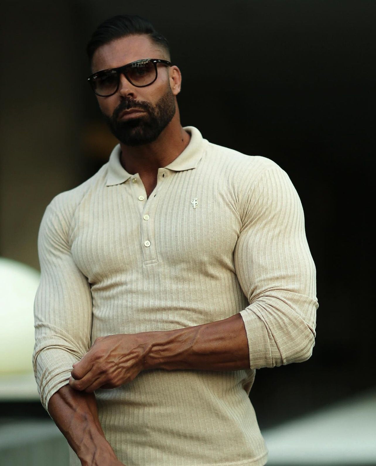 Classic Beige Ribbed Polo Shirt Long Sleeve With Gold Decal - FSH969