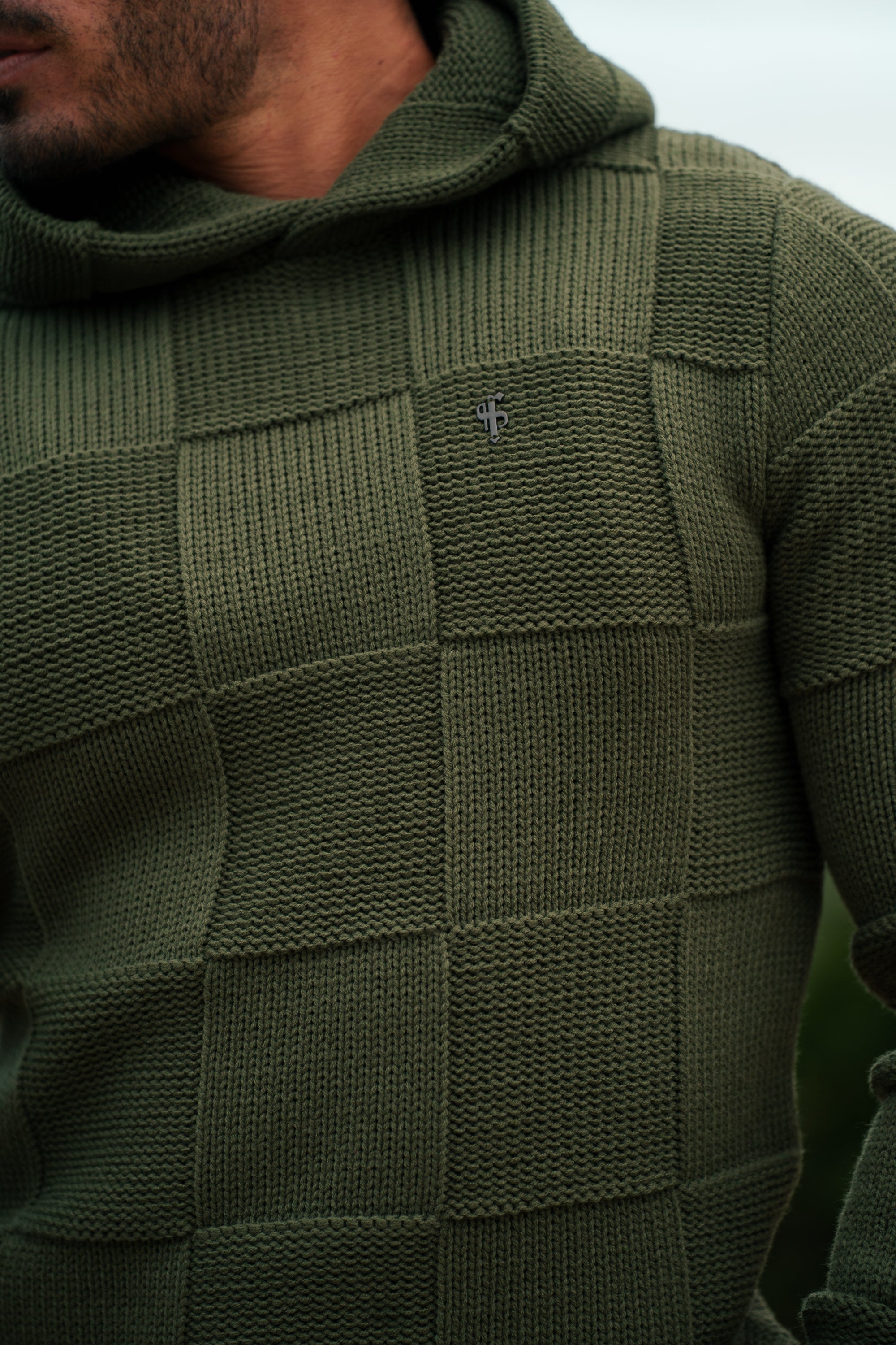 Olive Checkerboard Knitted Hoodie - FSJ137