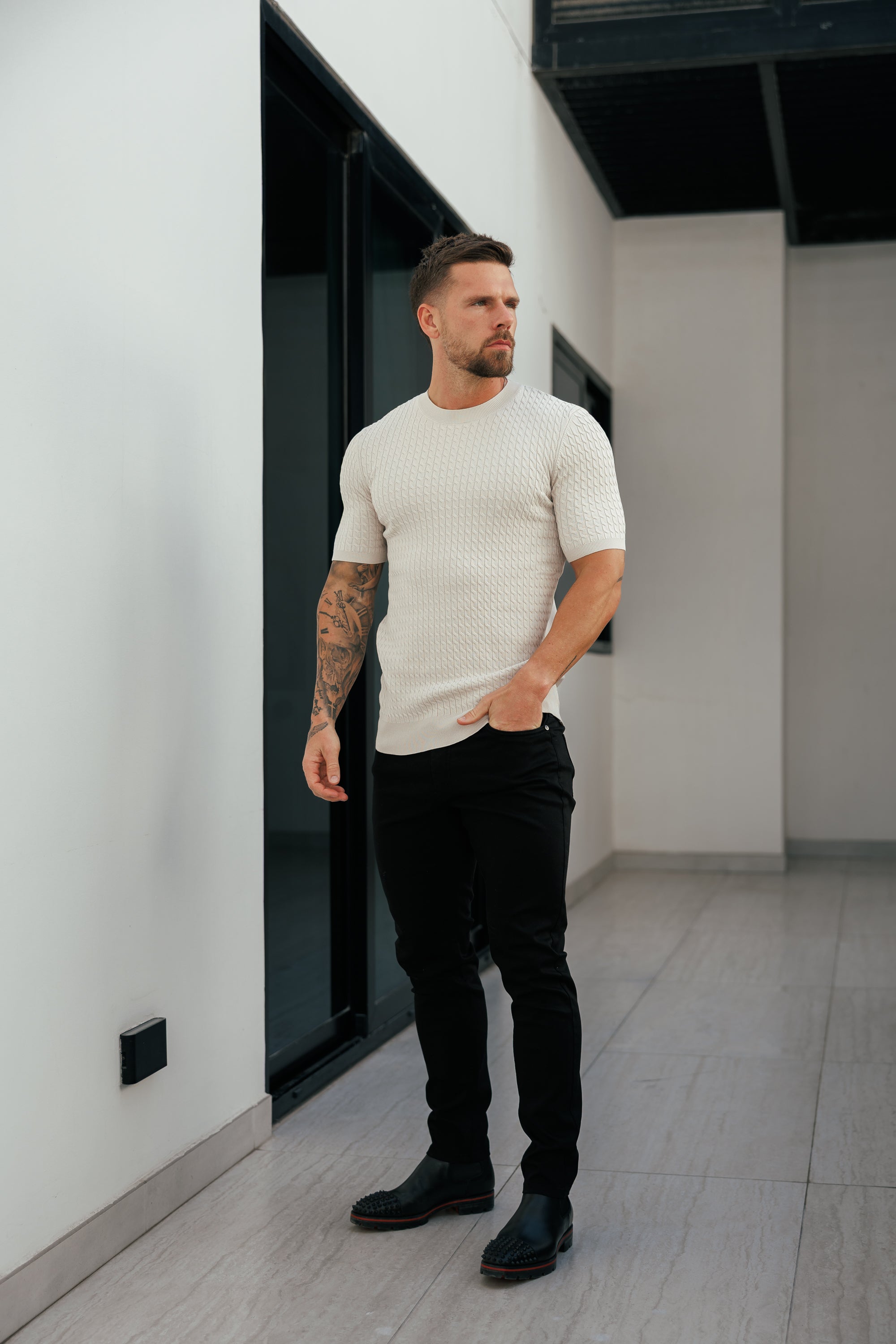 Front Chain Knit Crew Tshirt Cream Short Sleeve - FSR057
