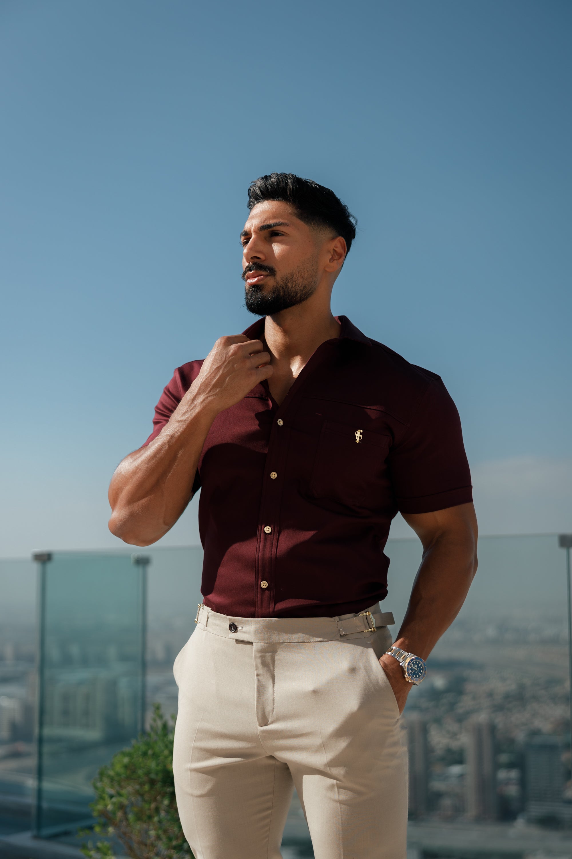 Super Slim Stretch Burgundy Denim Short Sleeve with Horizontal Seam and Pocket- FS961