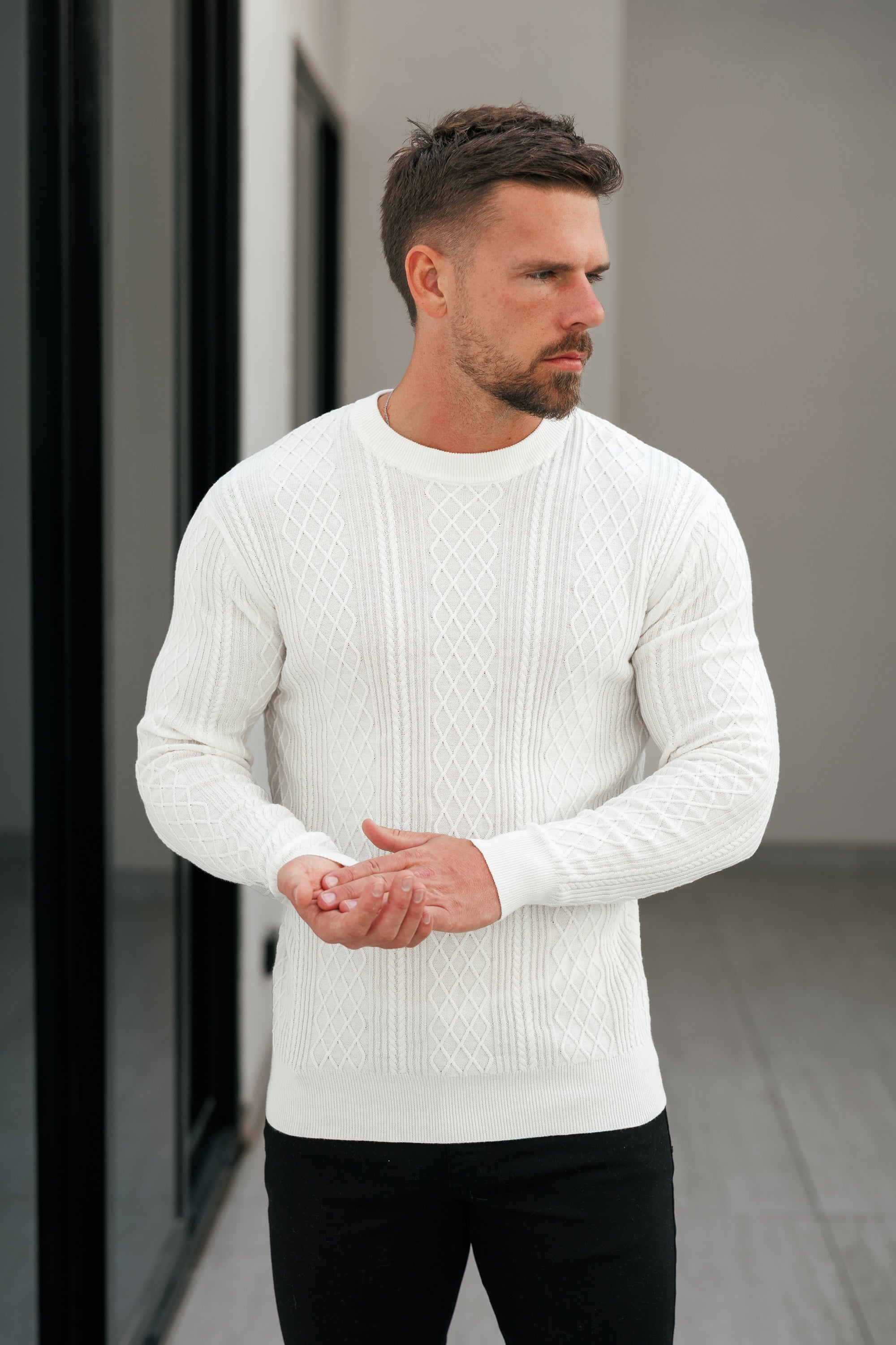 Fine Knit Diamond Off White Jumper Long Sleeve - FSA005