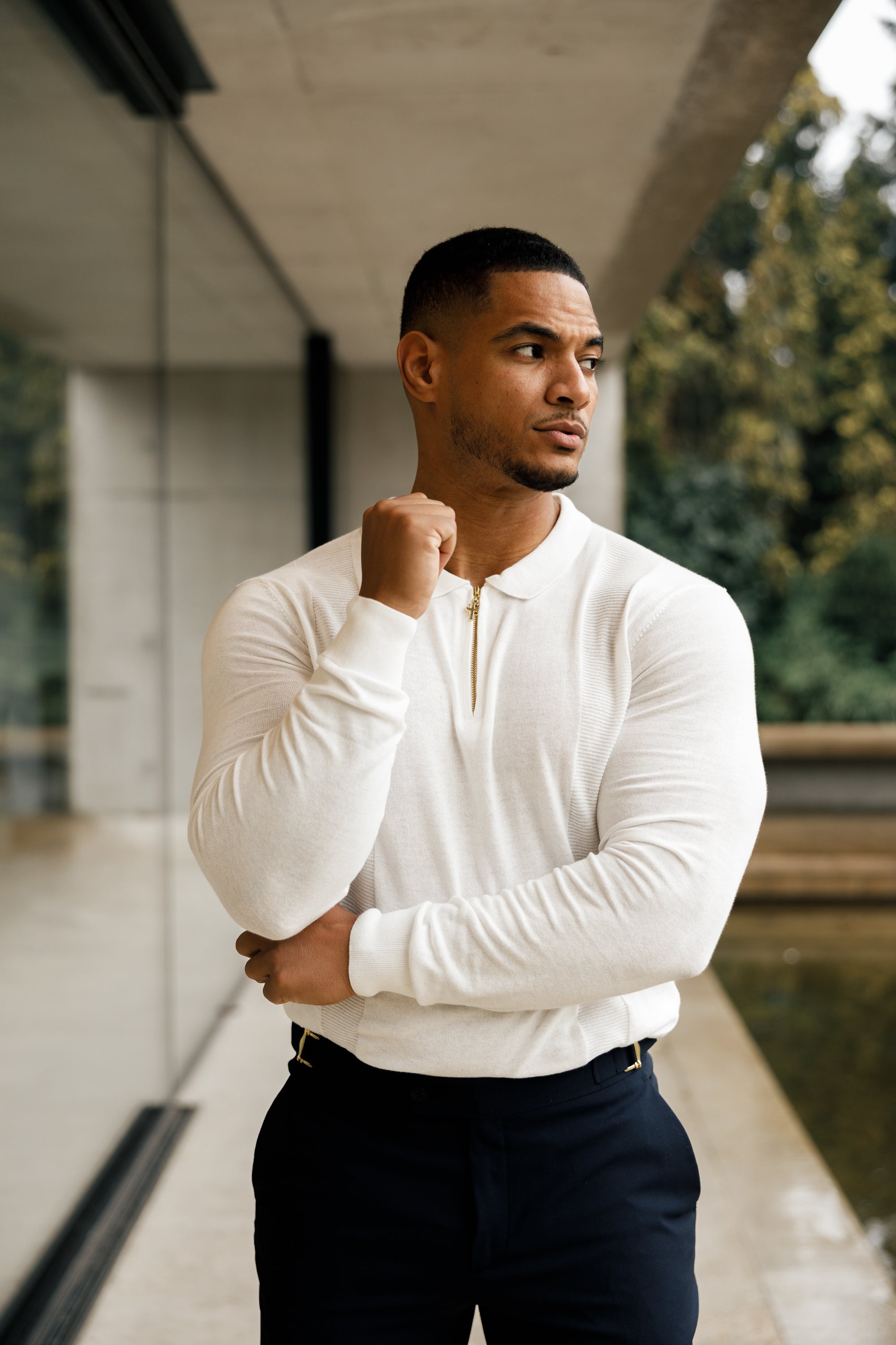 Classic White and Gold Zip Knitted Polo Shirt Long Sleeve - FSN125