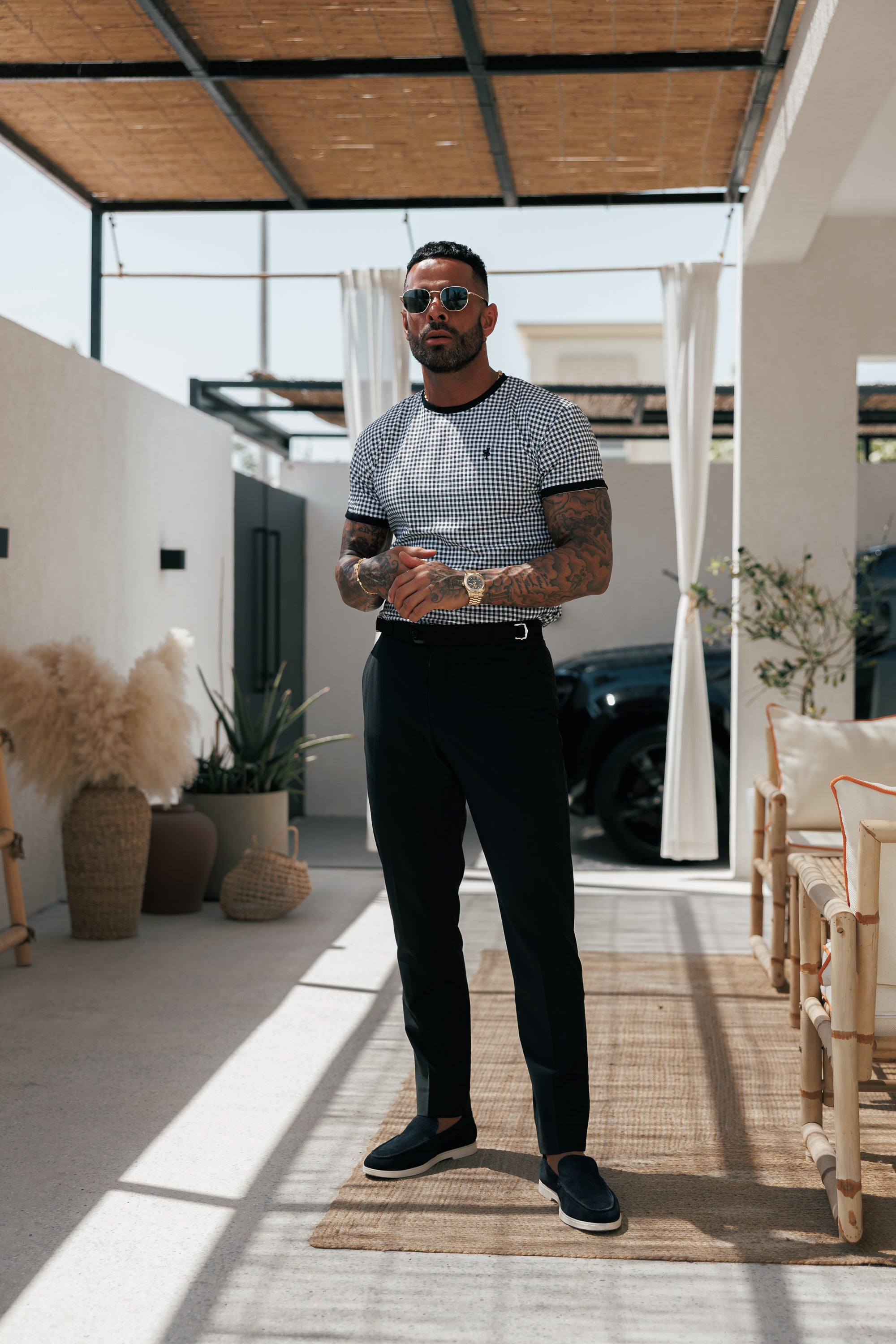 Printed Black / White Check Fitted T Shirt - FSH1238