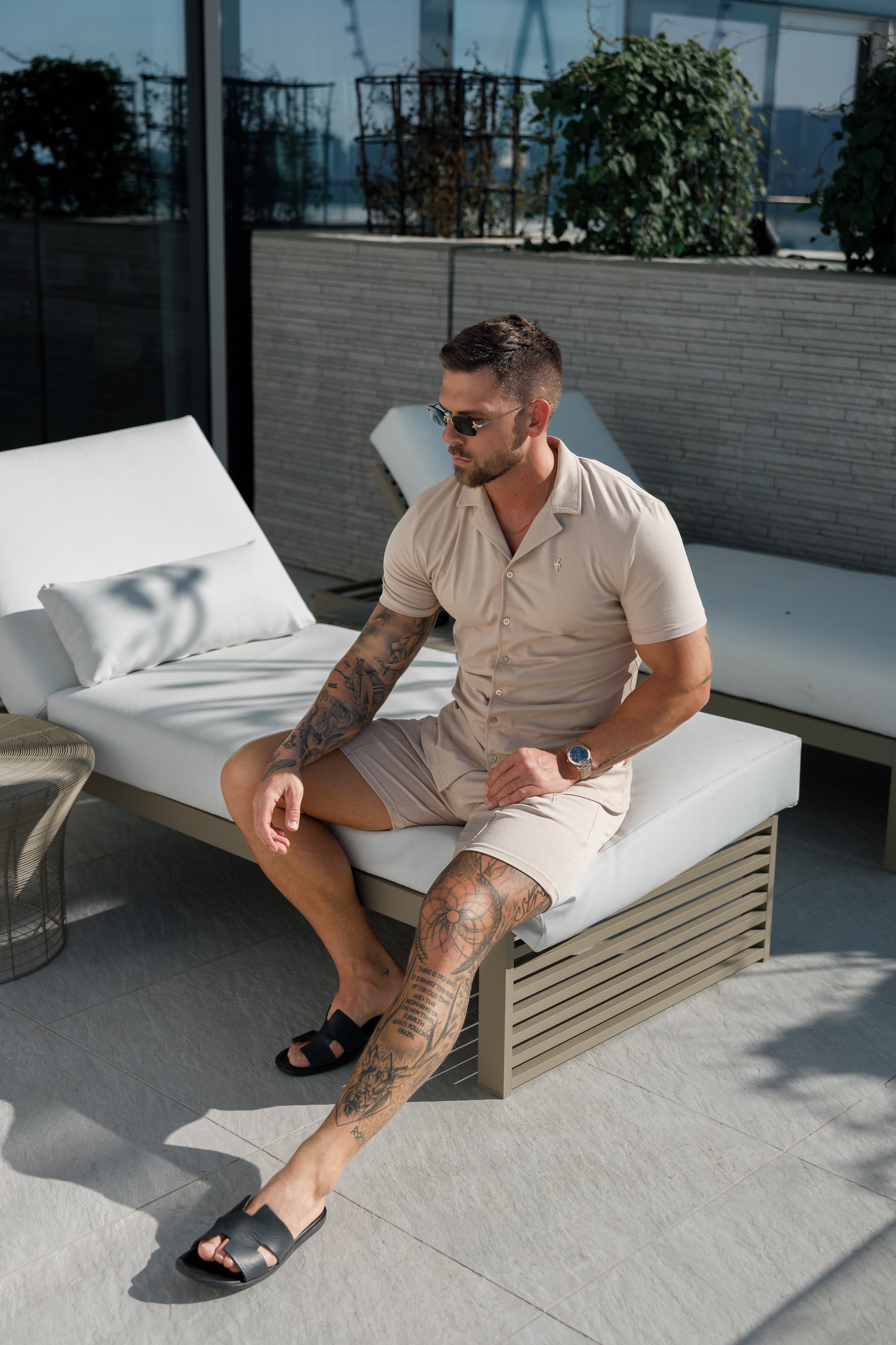 Stretch Beige / Gold Pique Revere Shirt Short Sleeve - FSH1075