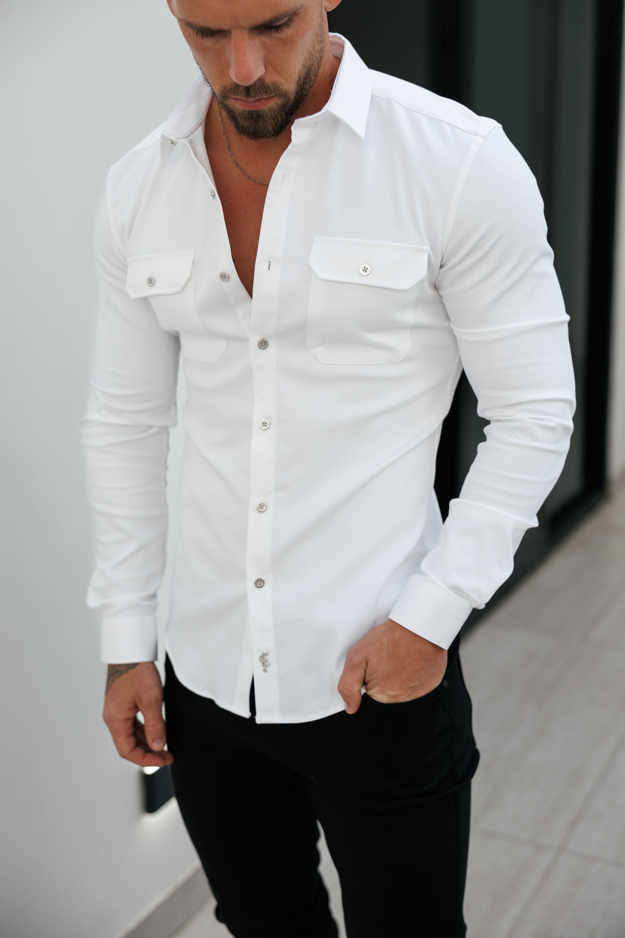 Super Slim Stretch White Denim Shacket with Silver Buttons - FS758