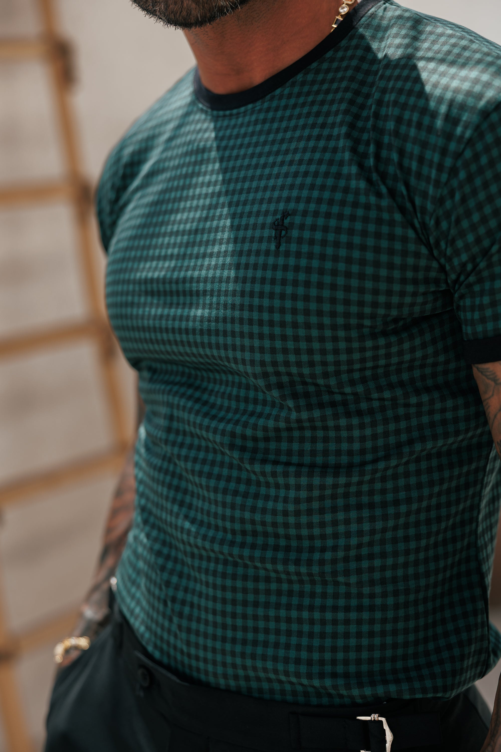 Printed Forest Green / Black Check Fitted T Shirt - FSH1241