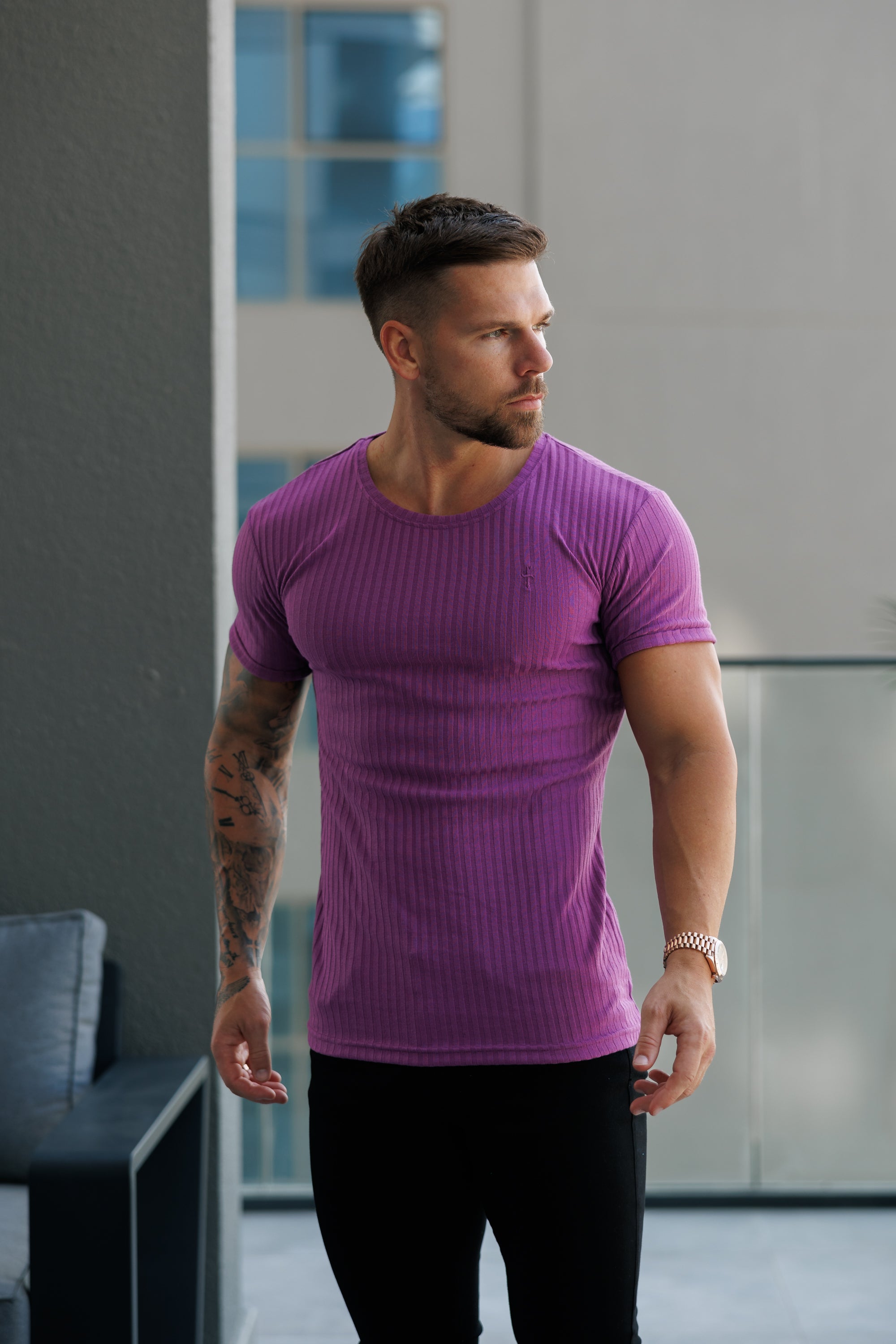 Classic Light Purple Ribbed Knit Super Slim Short Sleeve Crew - FSH1161