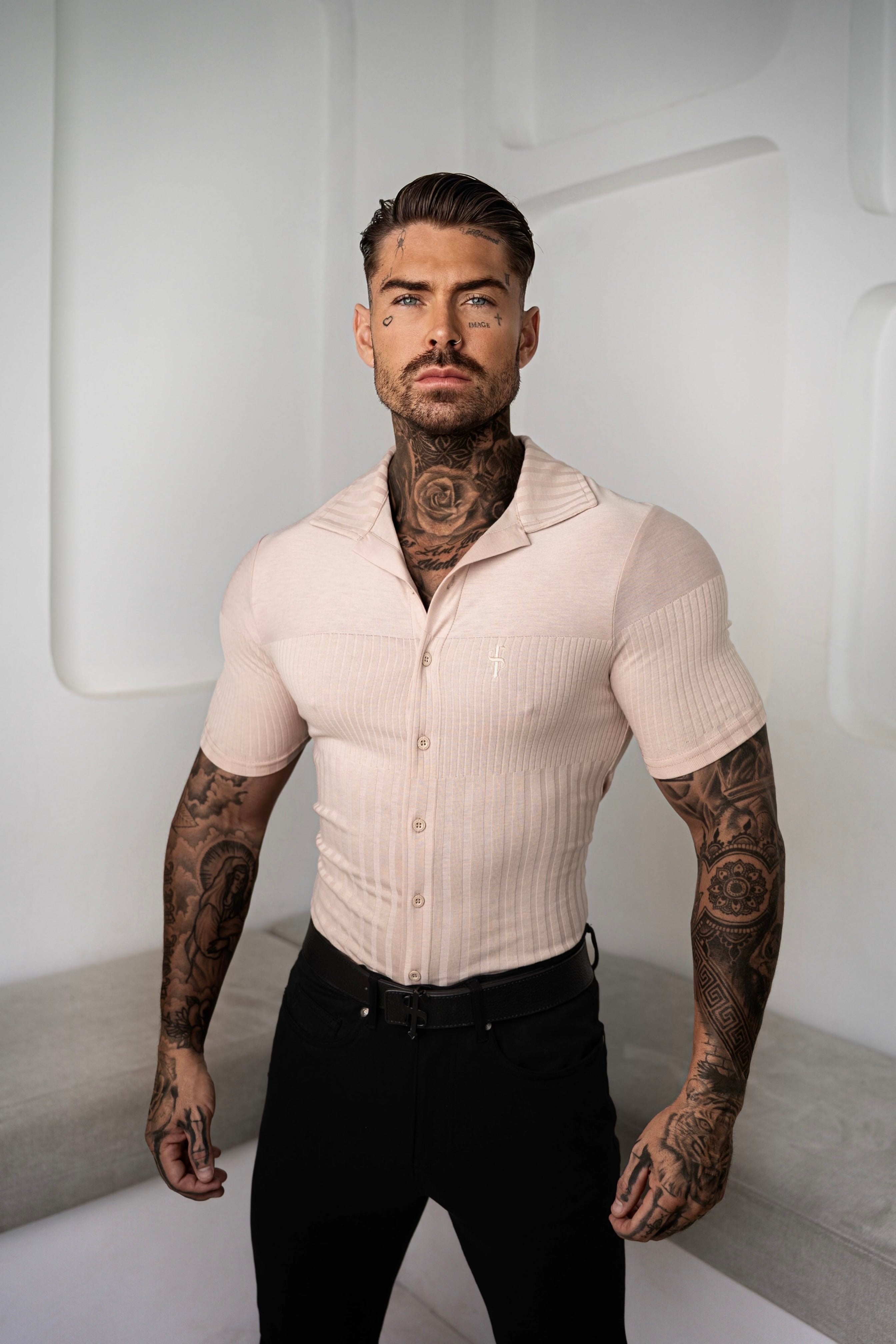 Jersey Revere Vertical Stripe Beige Shirt Short Sleeve - FSR026