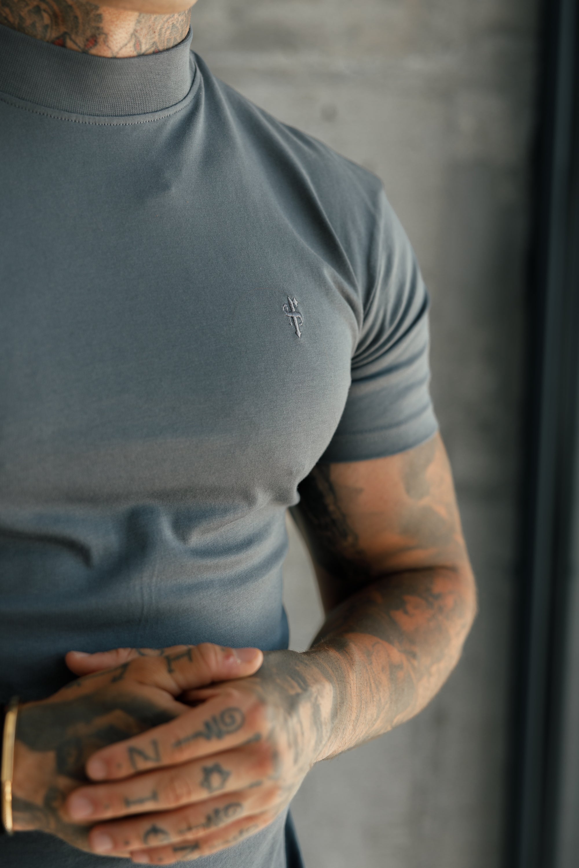Ribbed High Neck Crew T-Shirt Short Sleeve Charcoal - FSH1115