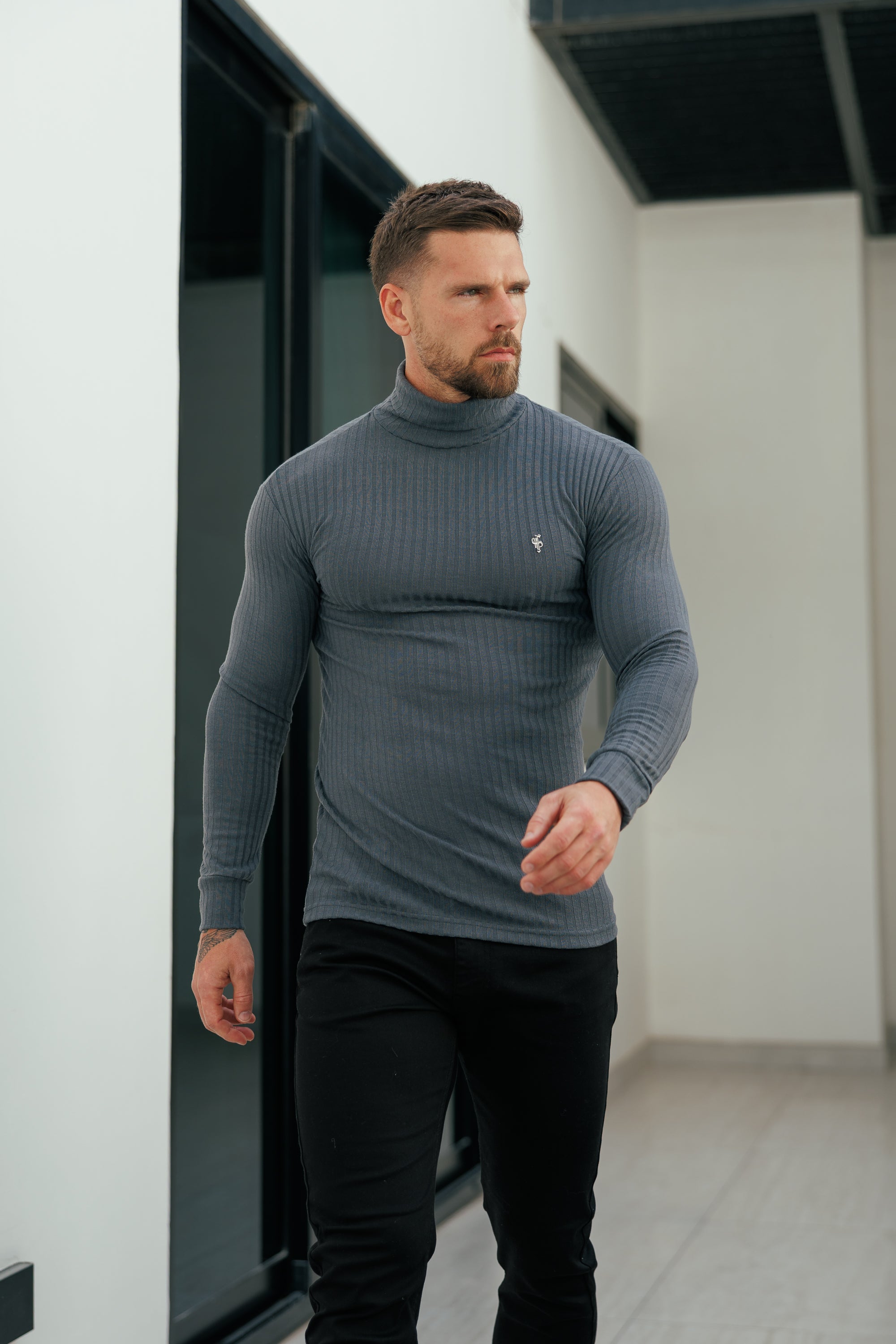Super Slim Charcoal / Silver Ribbed Knit Roll-neck Jumper - FSH955