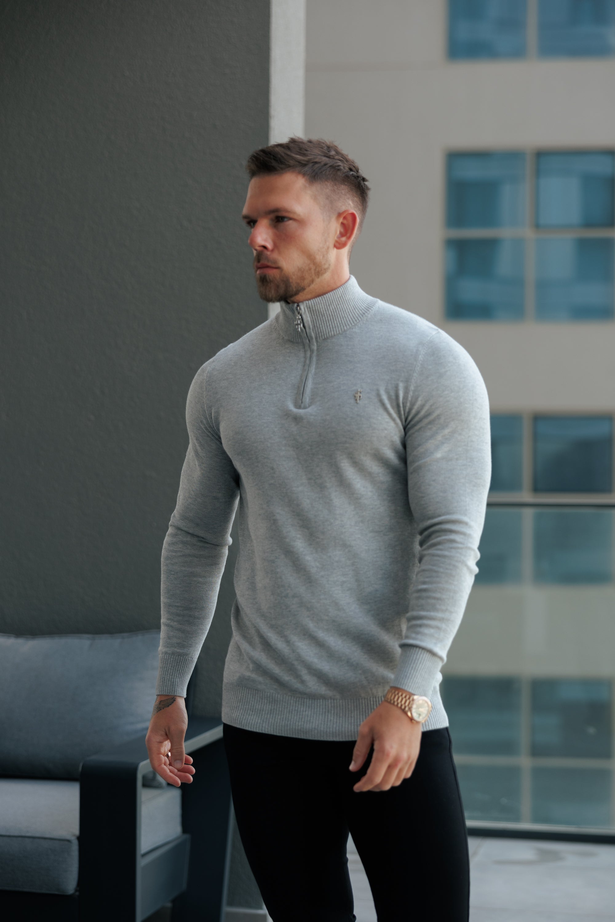 Light Grey Funnel Neck Knitted Jumper With FS Branding - FSN193