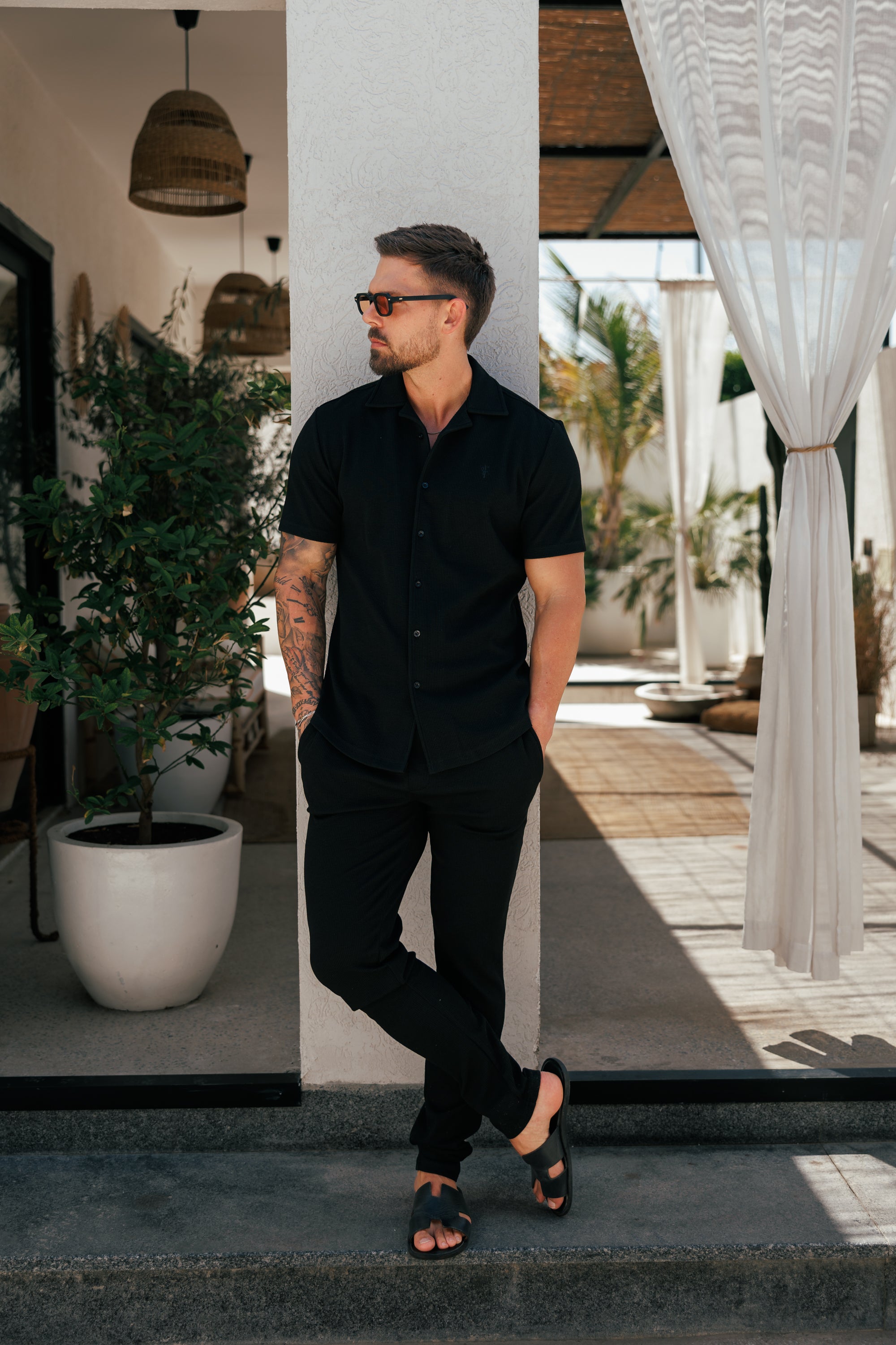 Jersey Cord Stretch Black Revere Shirt Short Sleeve - FSR070
