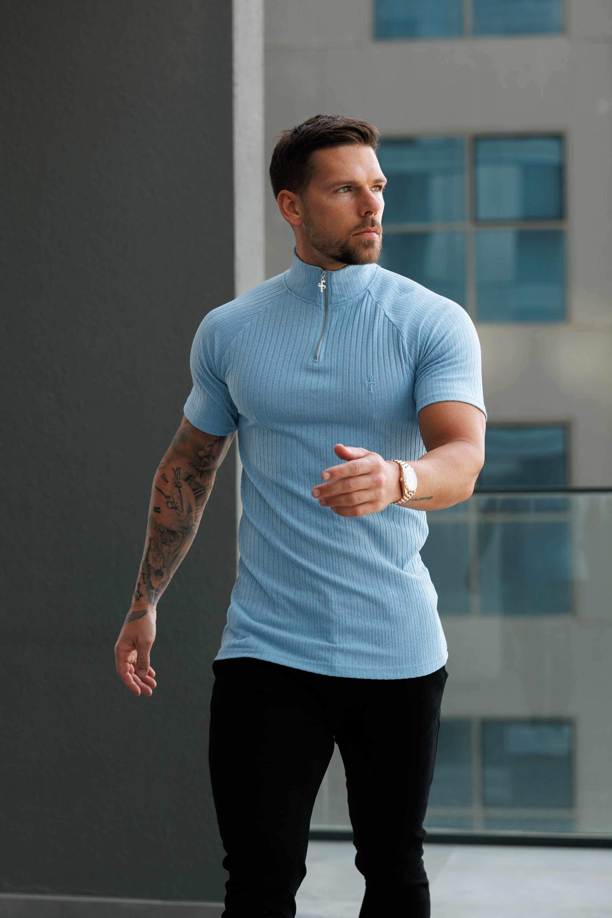 Classic Light Blue Ribbed Zip Funnel Neck Raglan Short Sleeve Crew - FSH1291