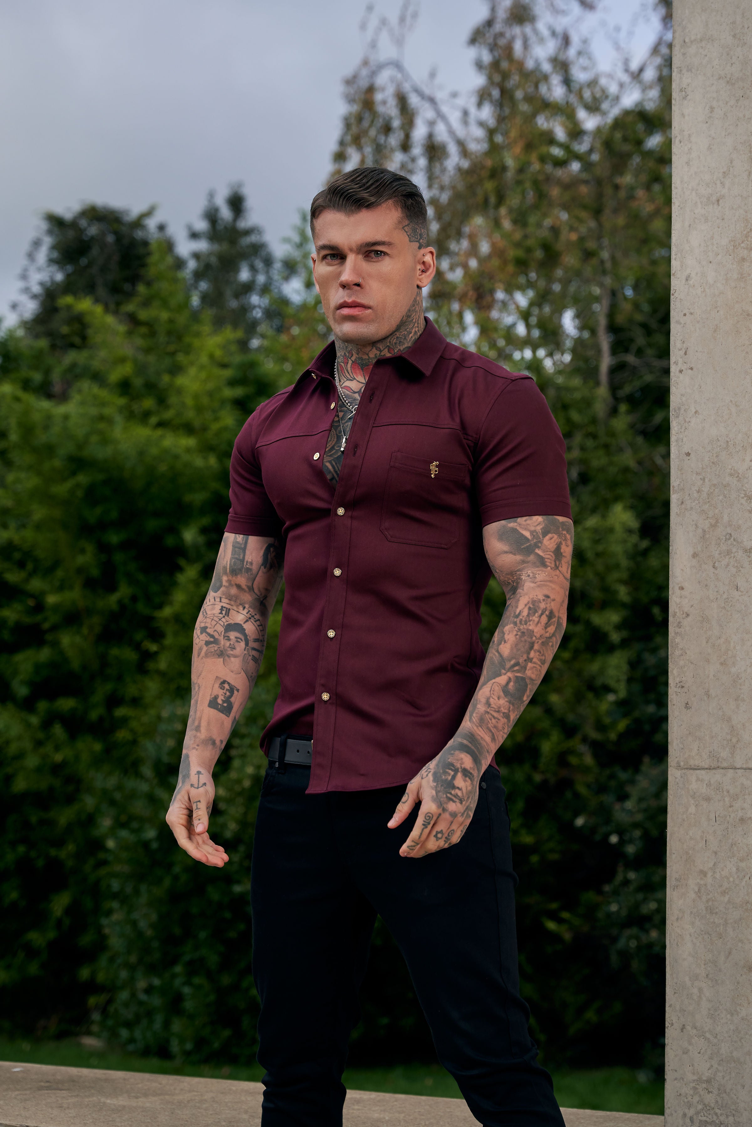 Super Slim Stretch Burgundy Denim Short Sleeve with Horizontal Seam and Pocket- FS961
