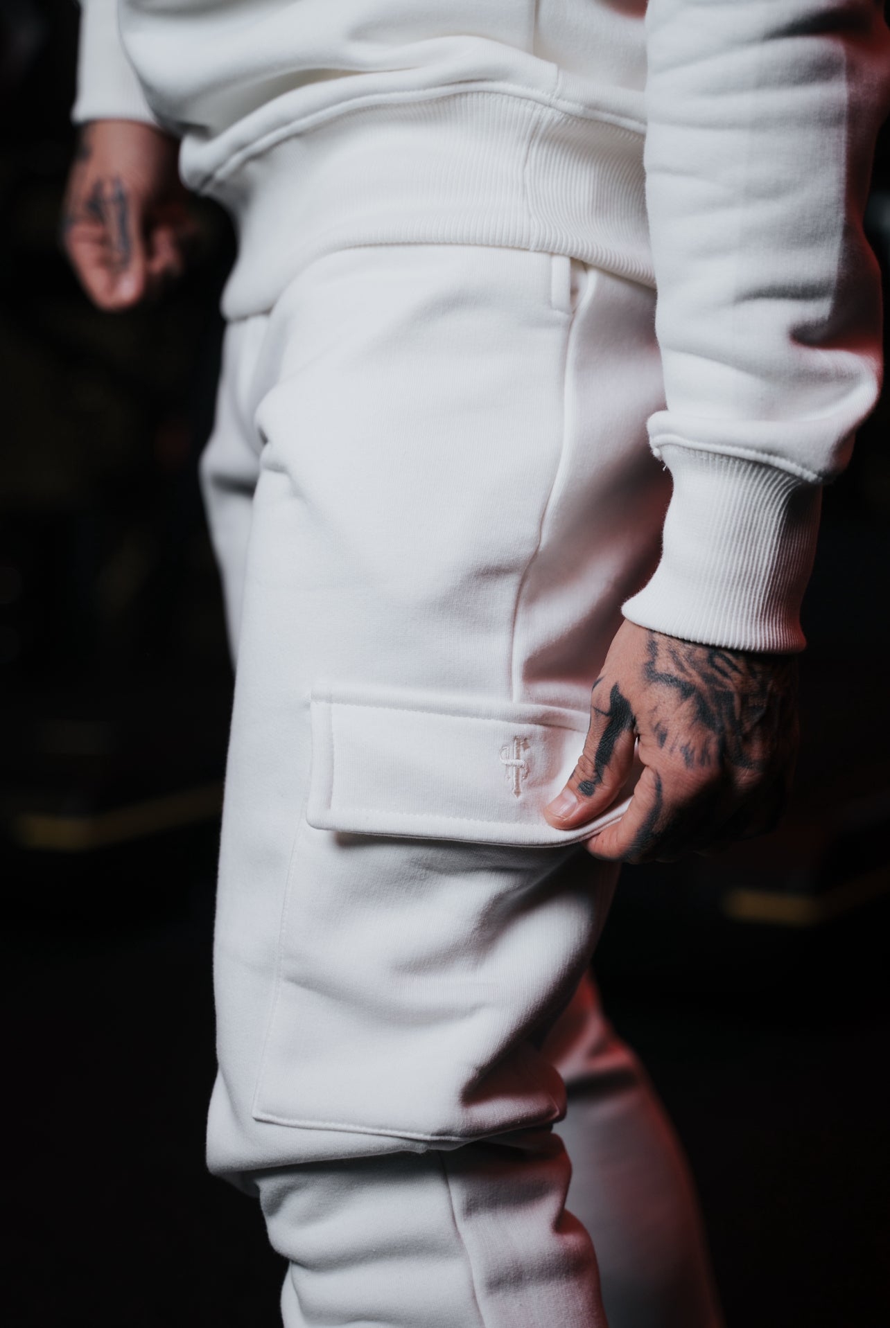 Cream Cargo Tracksuit Bottoms With Pockets, Cuffed Hem and FS Embroidery - FSH937