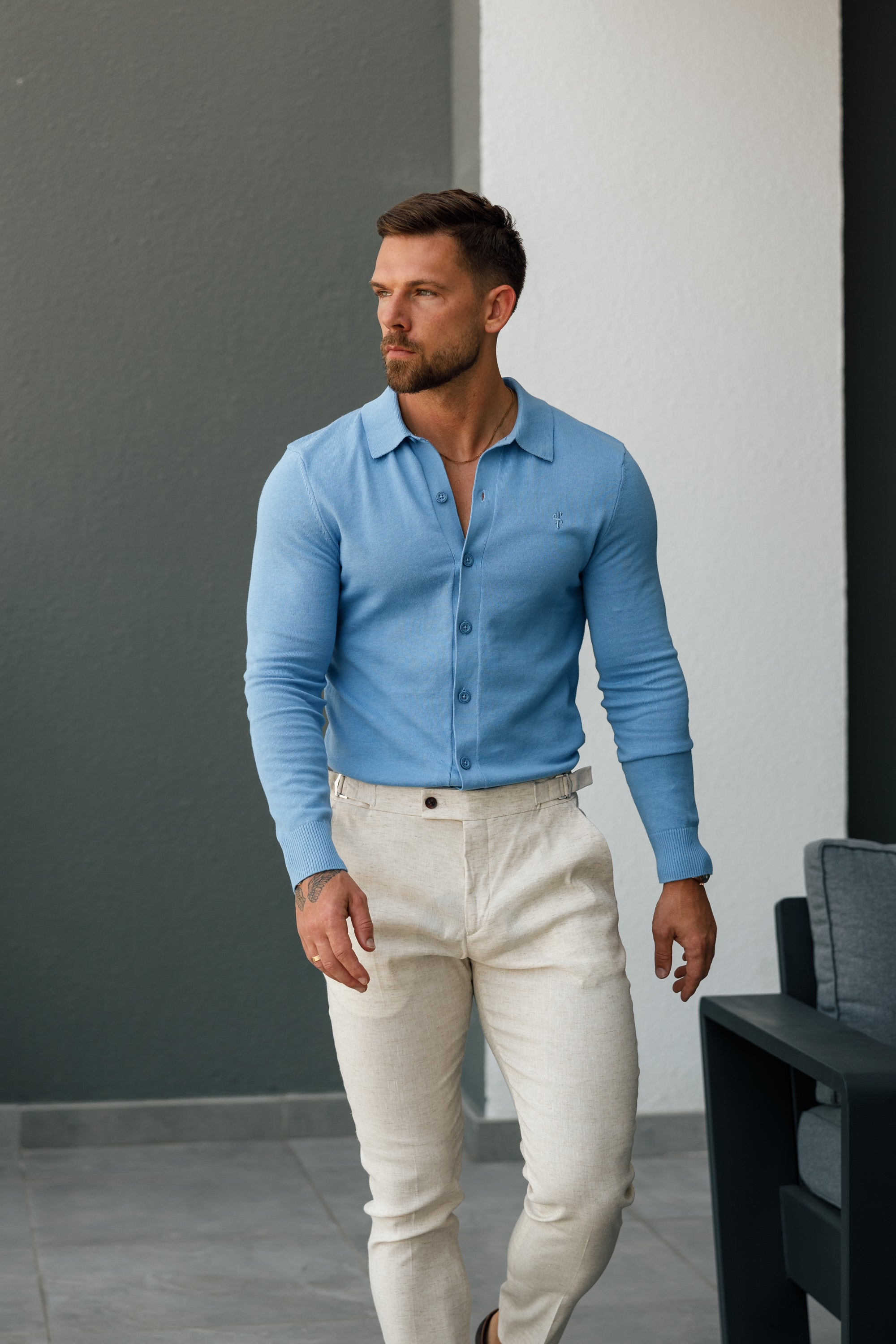 Classic Plain Light Blue Knitted Button Through Polo Long Sleeve - FSN169