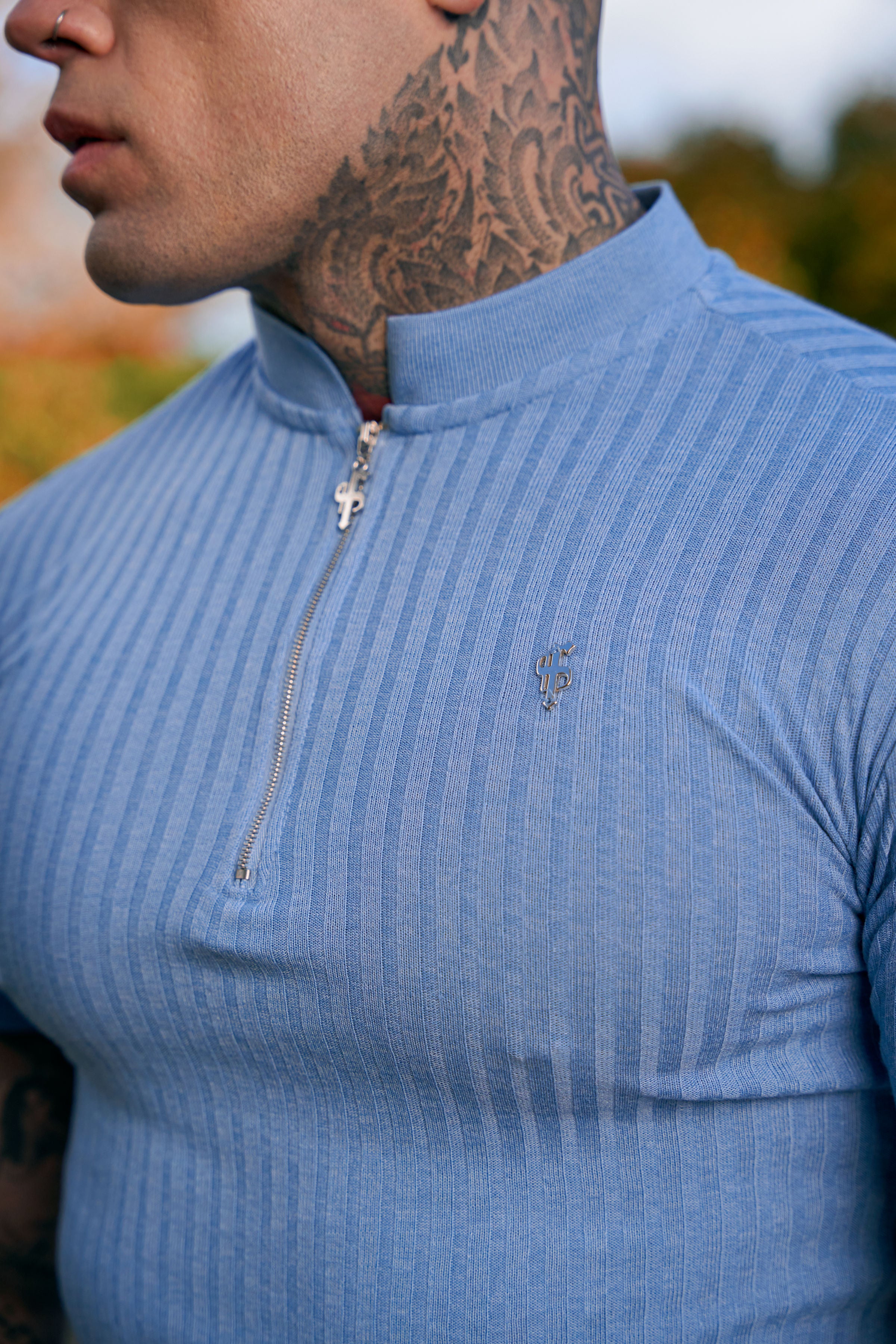 Classic Baby Blue Ribbed Silver Zip Grandad Collar Shirt Short Sleeve - FSH919
