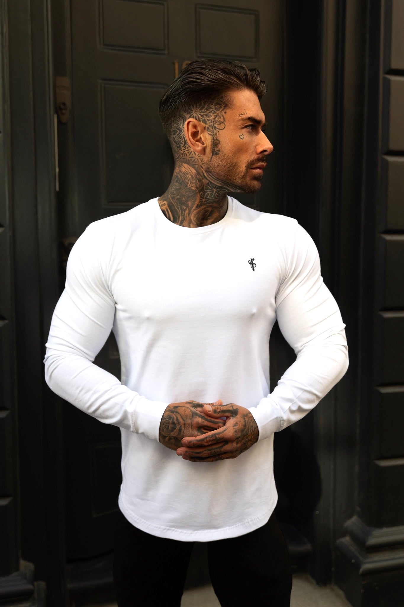 Classic White / Black Tonal Curved Hem Long Sleeve Crew T Shirt - FSH996