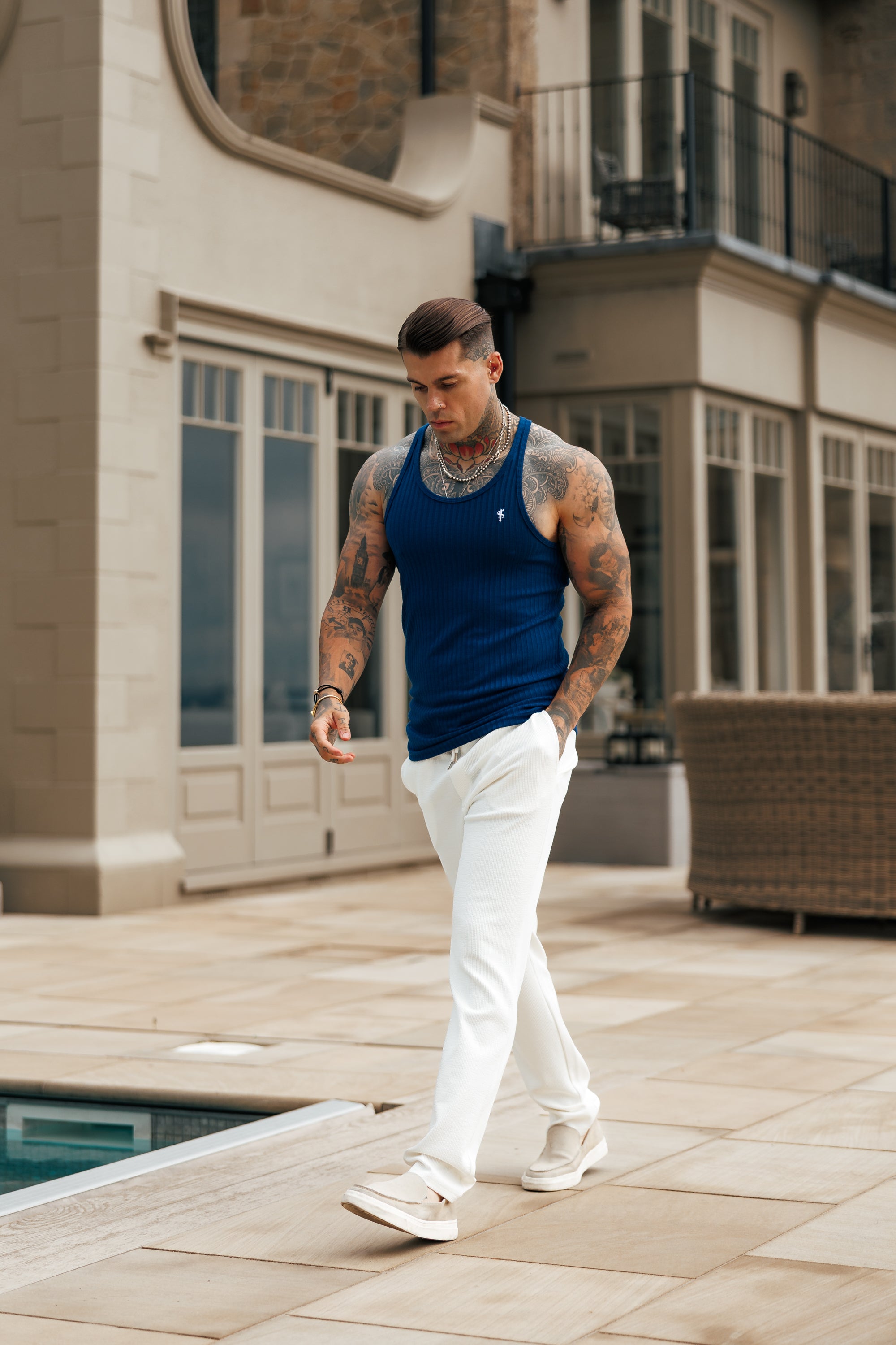 New Navy / White Ribbed Knit Super Slim Vest - FSH1328