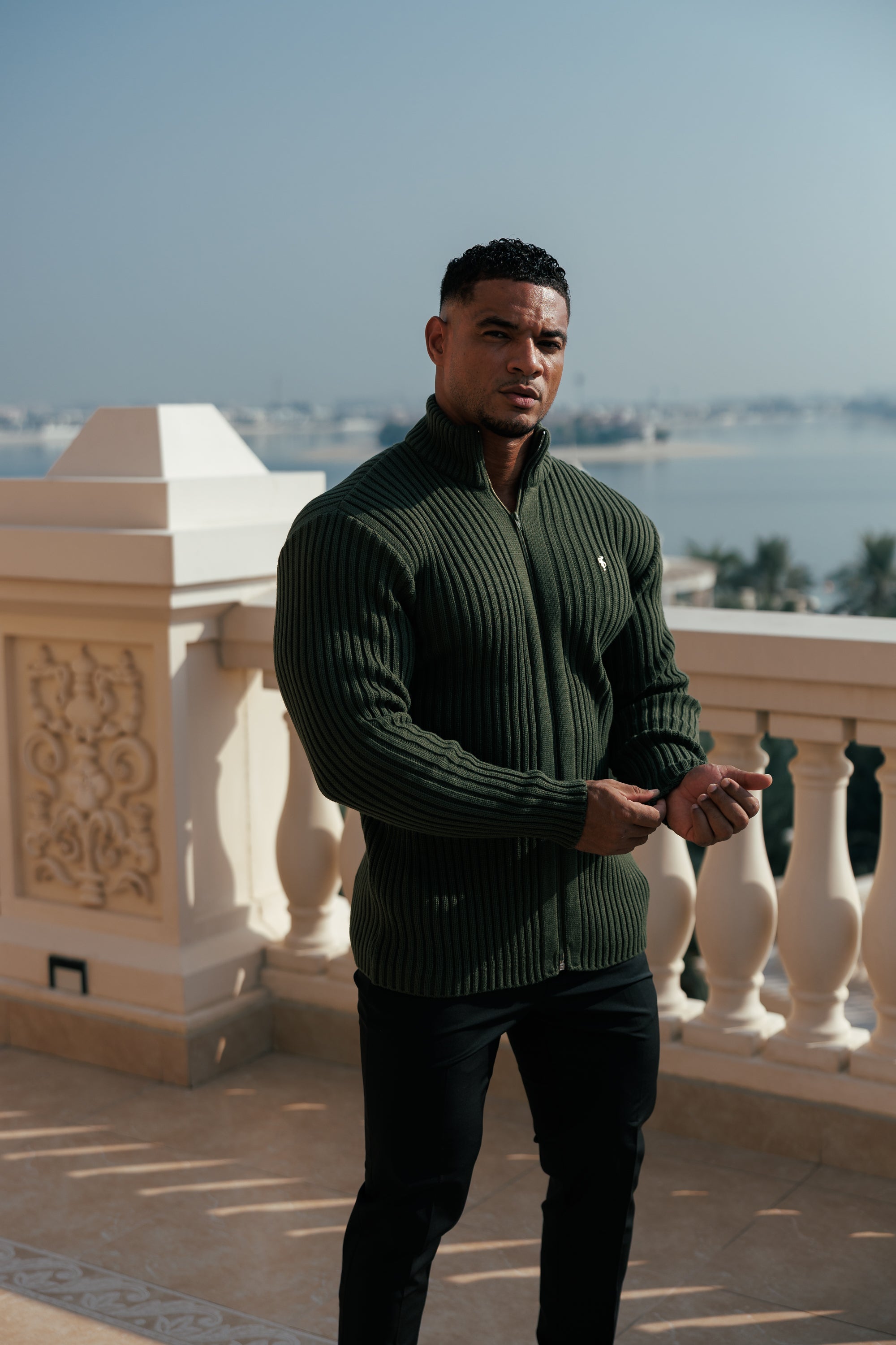 Chunky Olive Ribbed Zipped Cardigan with Gold Emblem- FSJ095