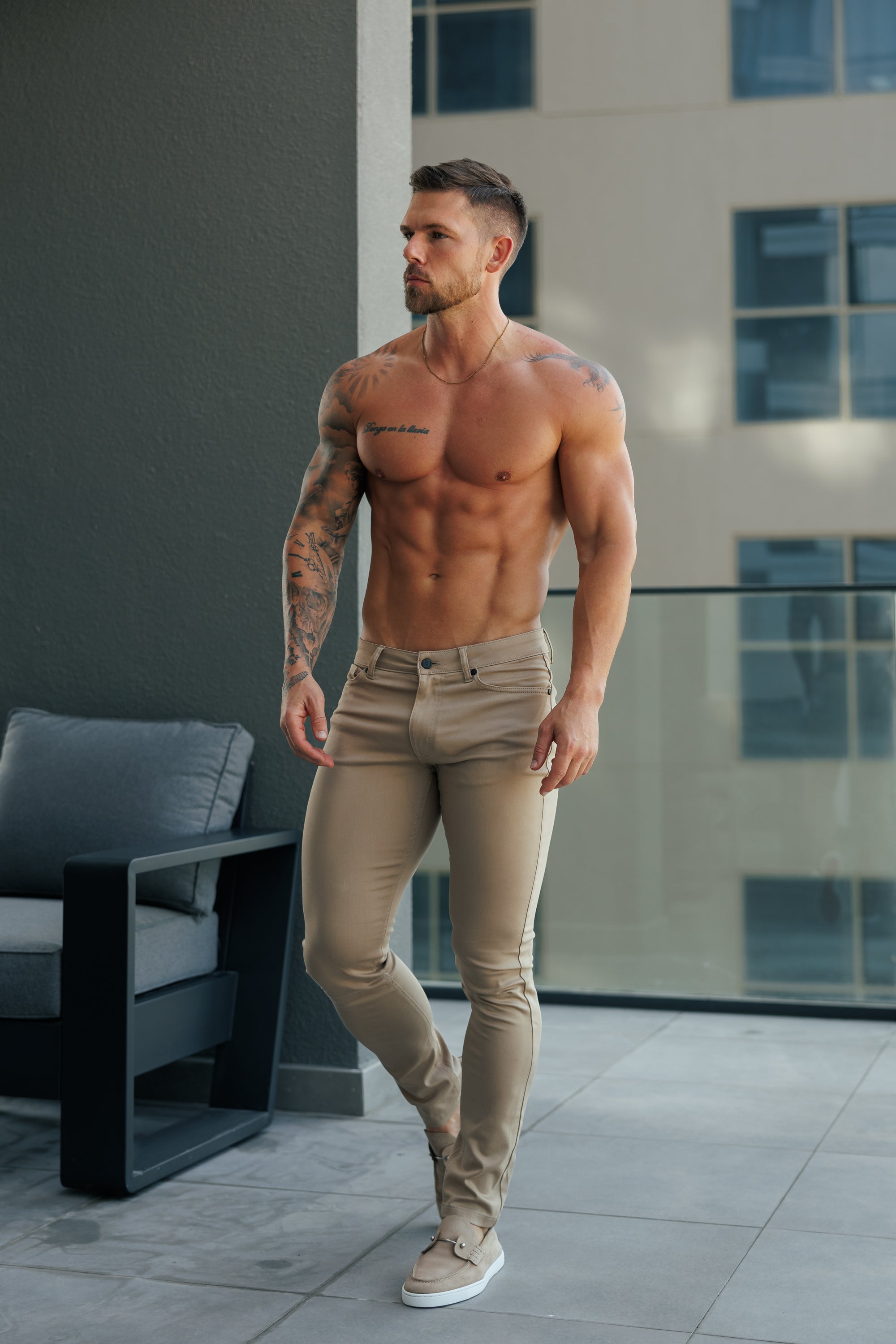 Slim Stretch Beige Relaxed Sateen Trousers - FSH1303