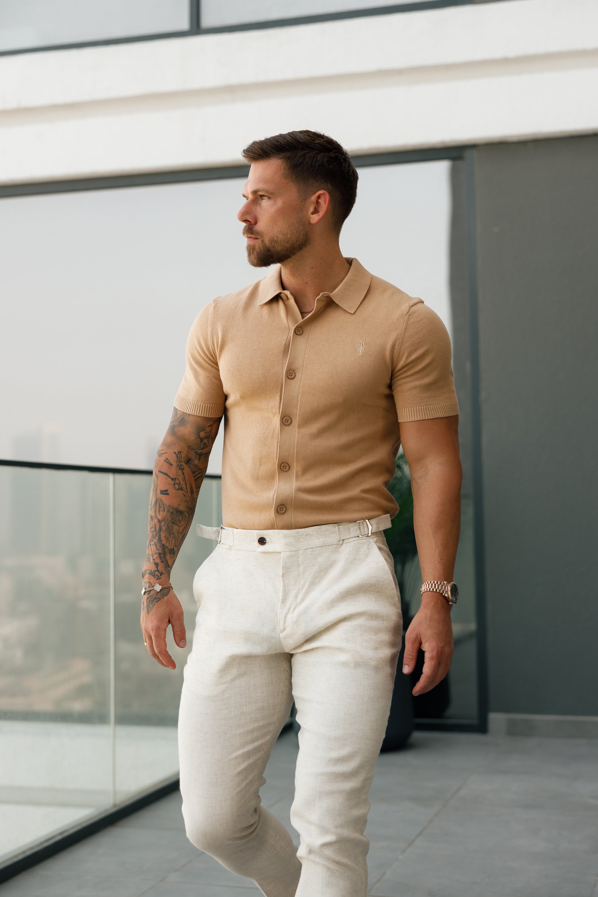 Classic Plain Coffee Knitted Button Through Polo Short Sleeve - FSN163