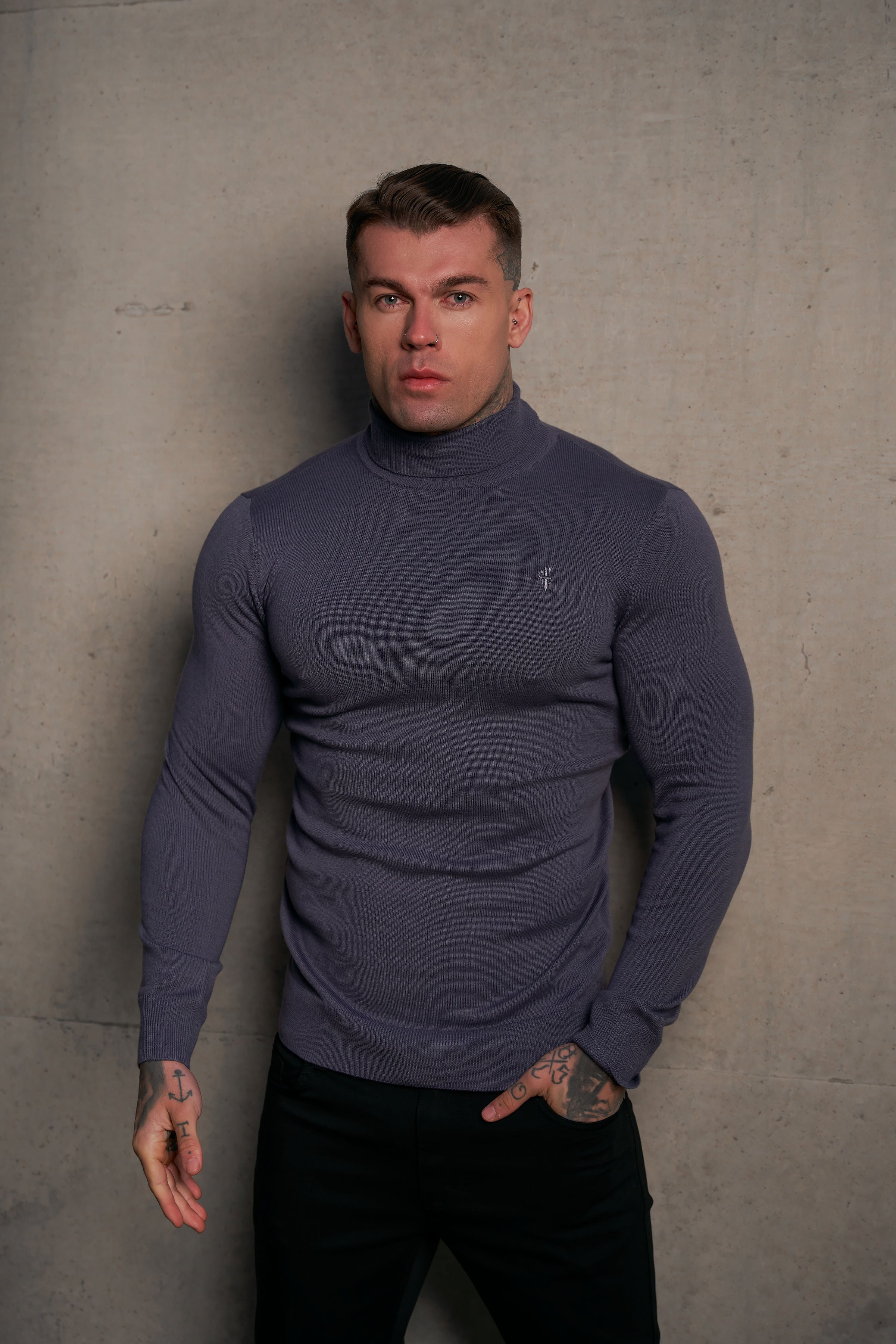Classic Gunmetal Roll Neck Knitted Jumper With Tonal Emblem - FSN137