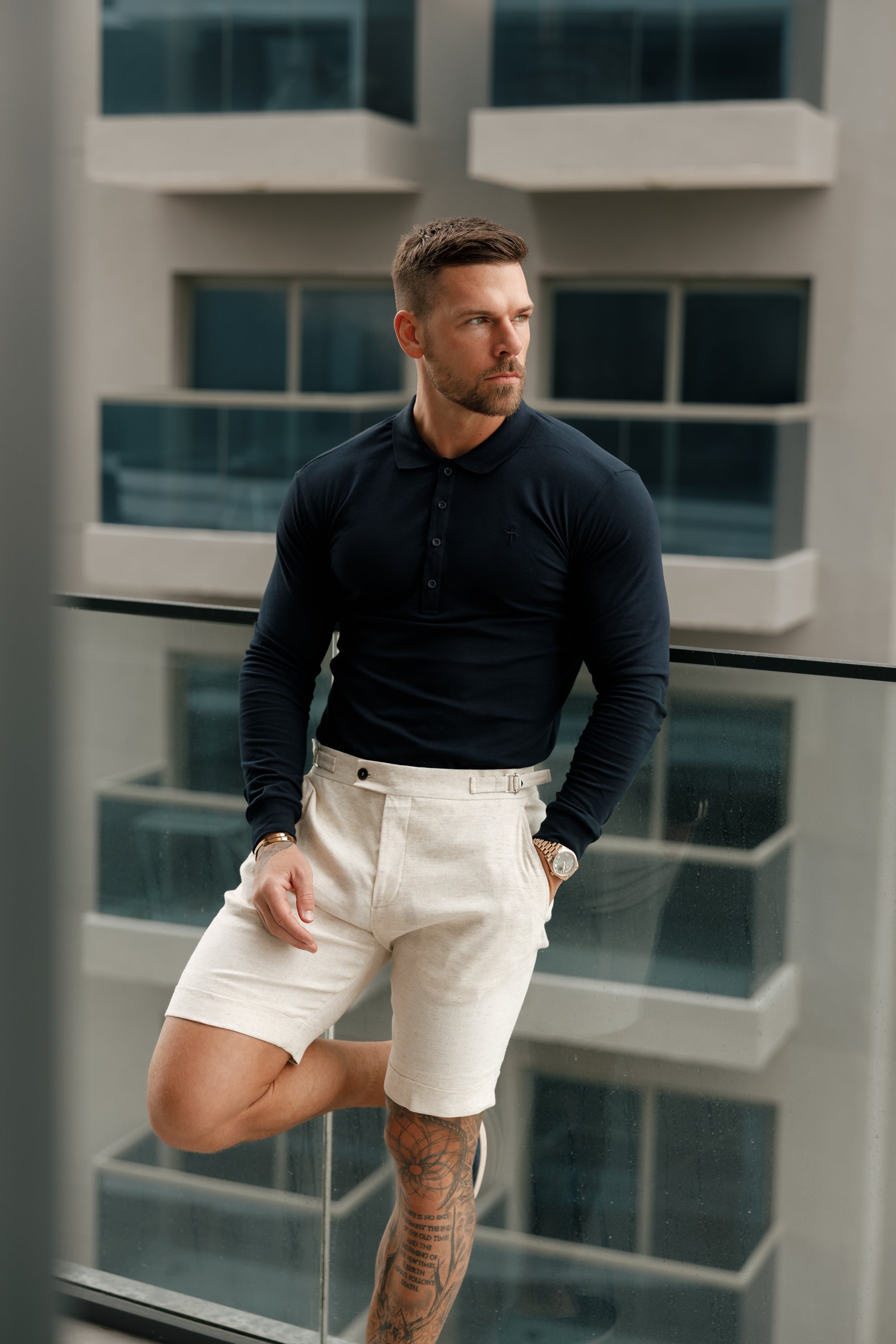 Classic Navy Tonal Polo Long Sleeve Shirt - FSH861