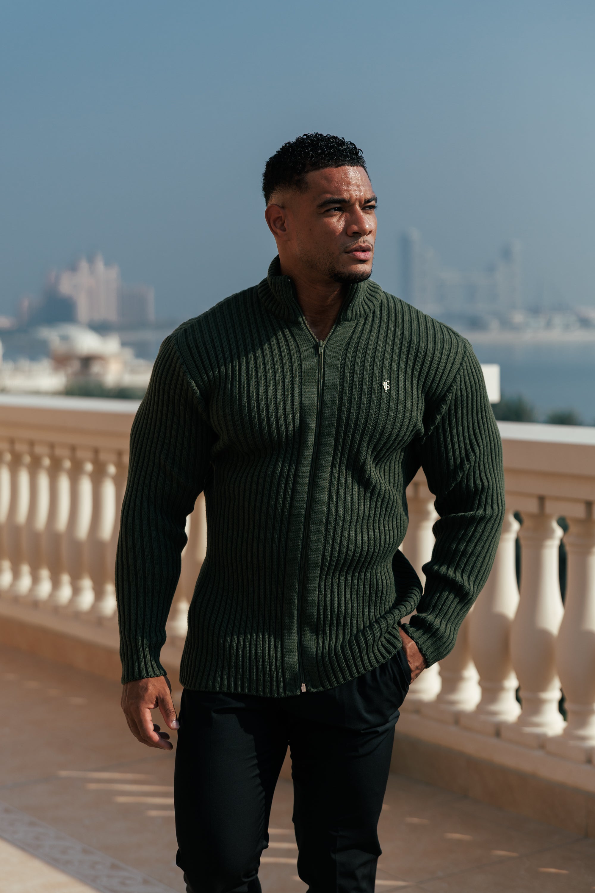 Chunky Olive Ribbed Zipped Cardigan with Gold Emblem- FSJ095