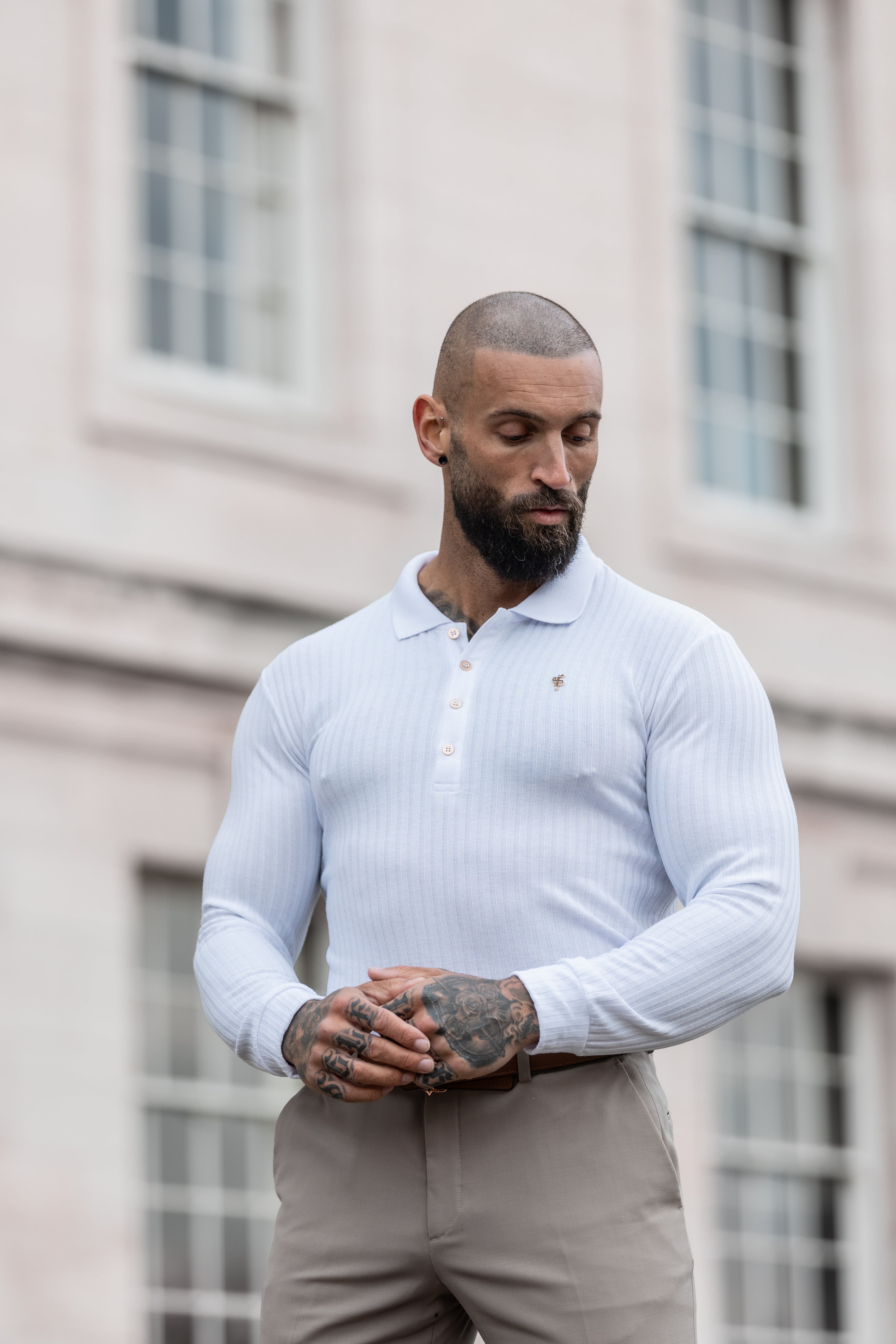 Classic White Ribbed Polo Shirt Long Sleeve With Gold Decal - FSH975