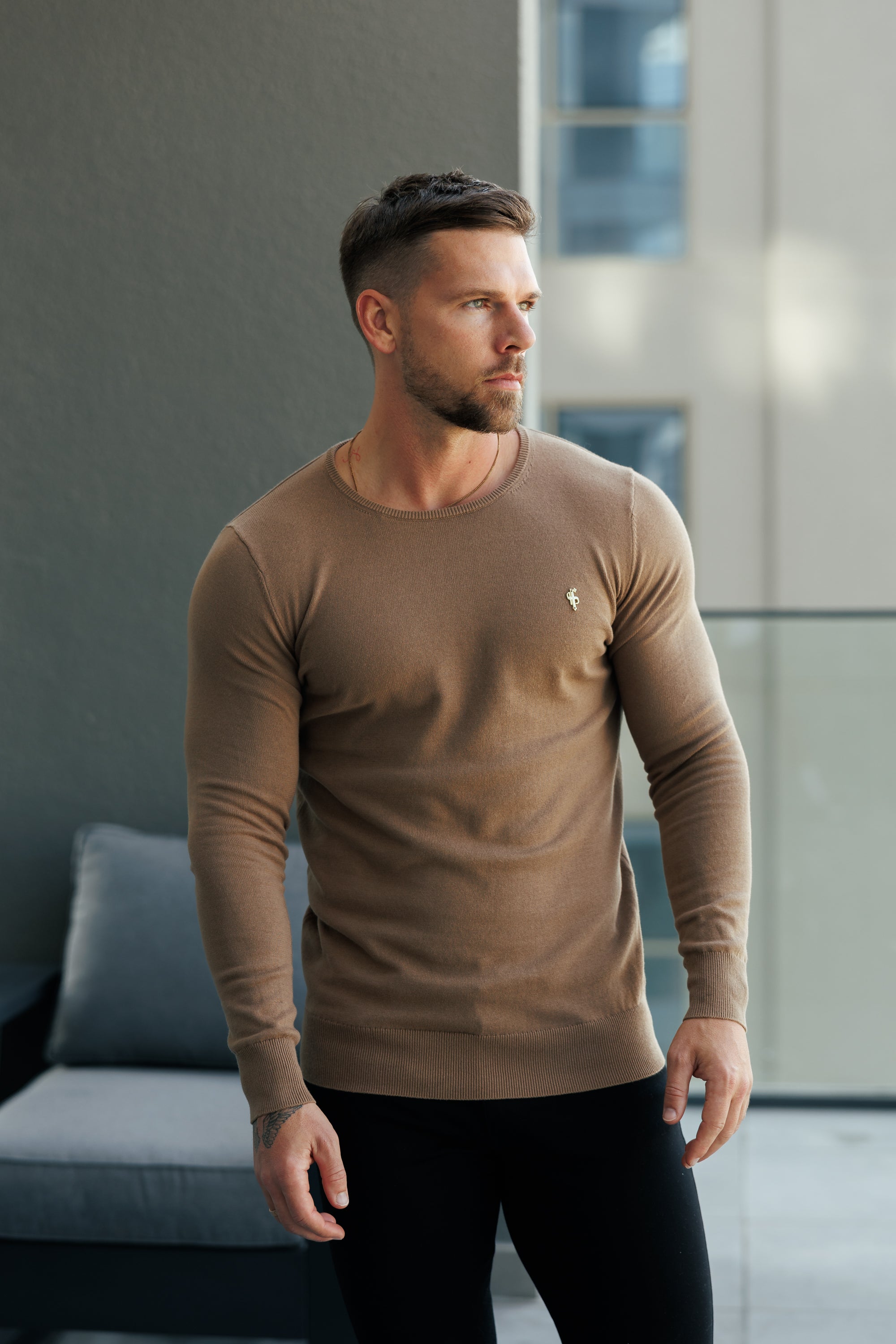 Camel Crew Neck Knitted Jumper With FS Branding - FSN200